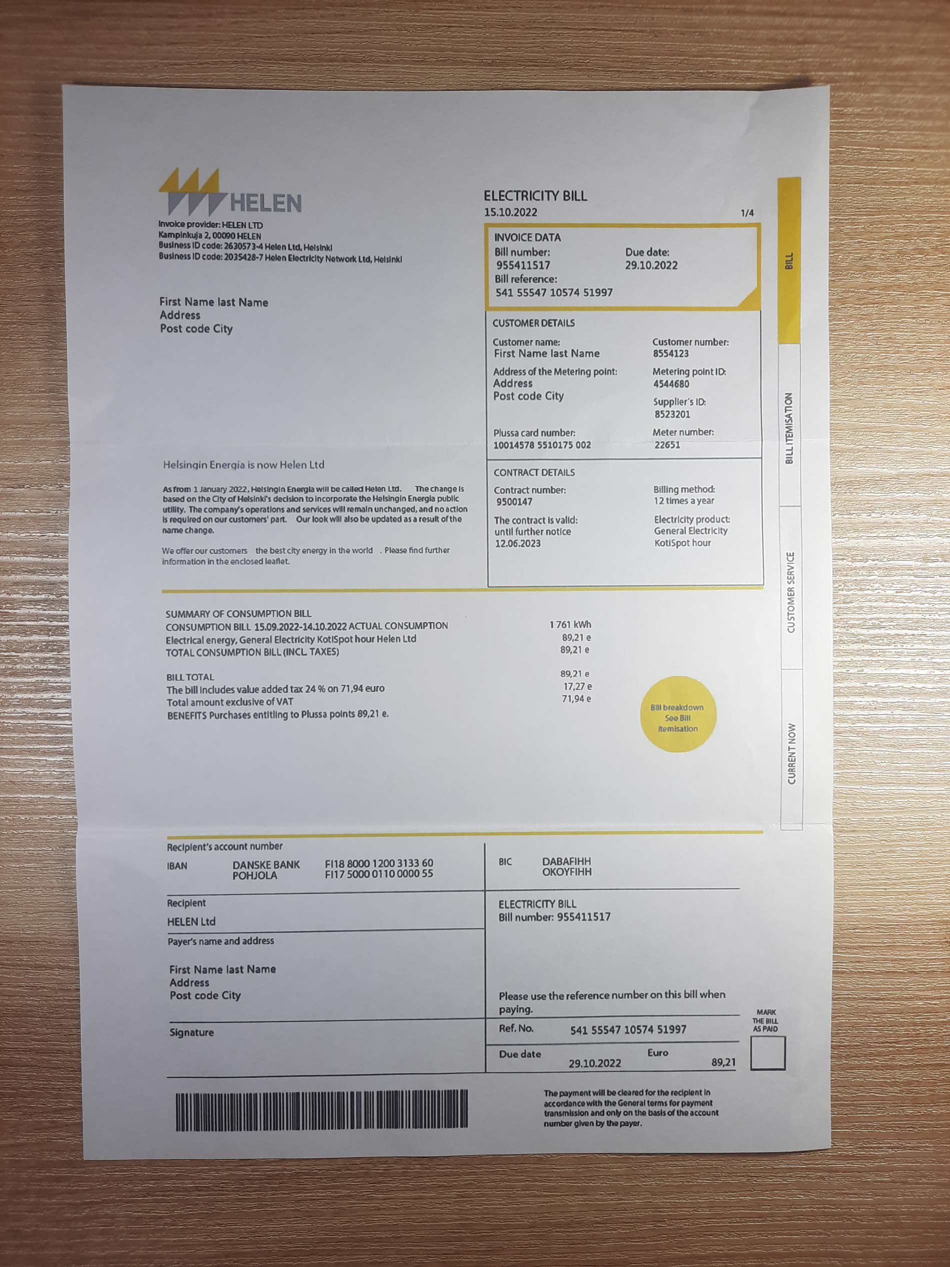 Finland Helen utility bill template Sample