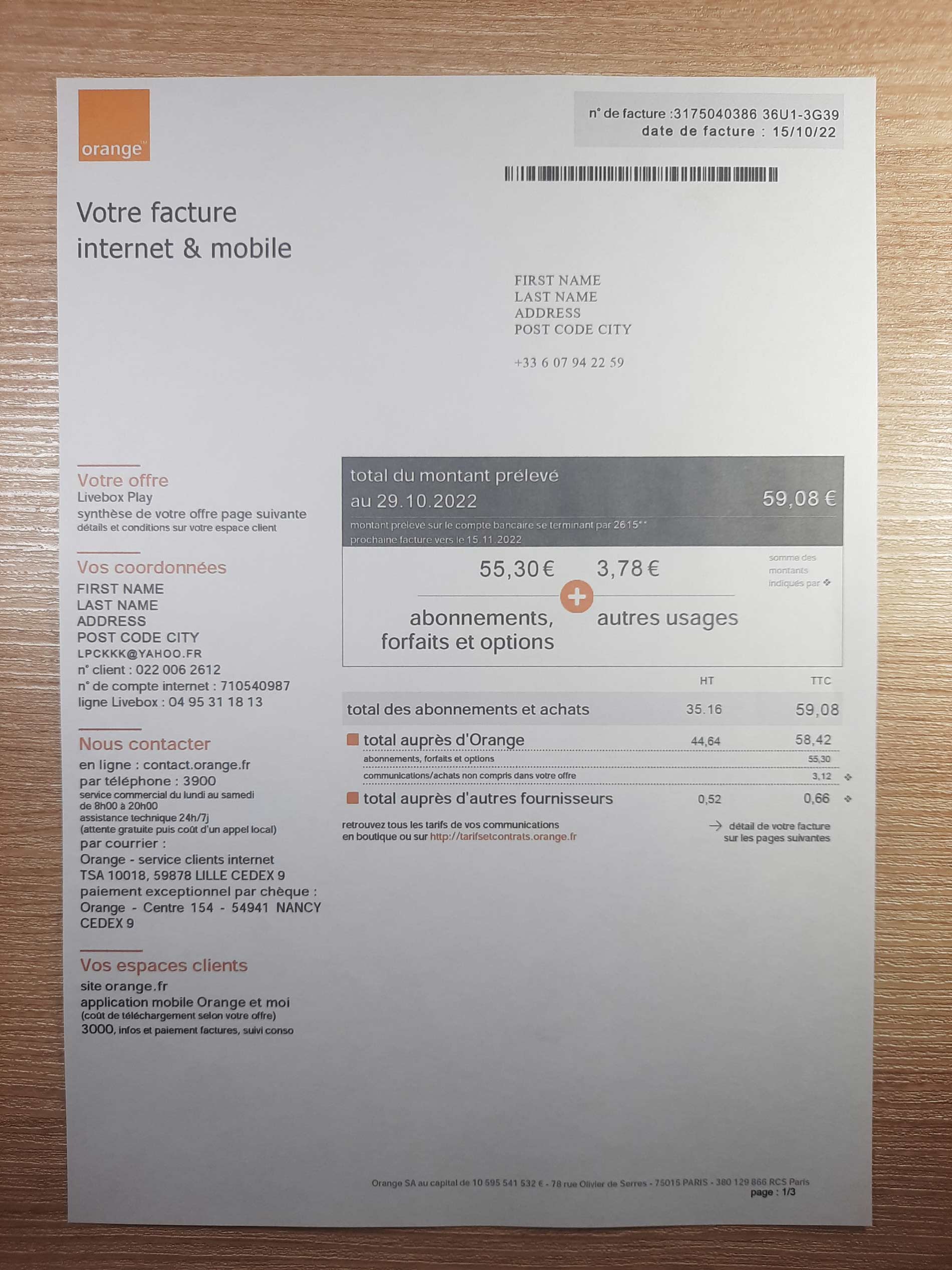 France Phone utility bill template sample