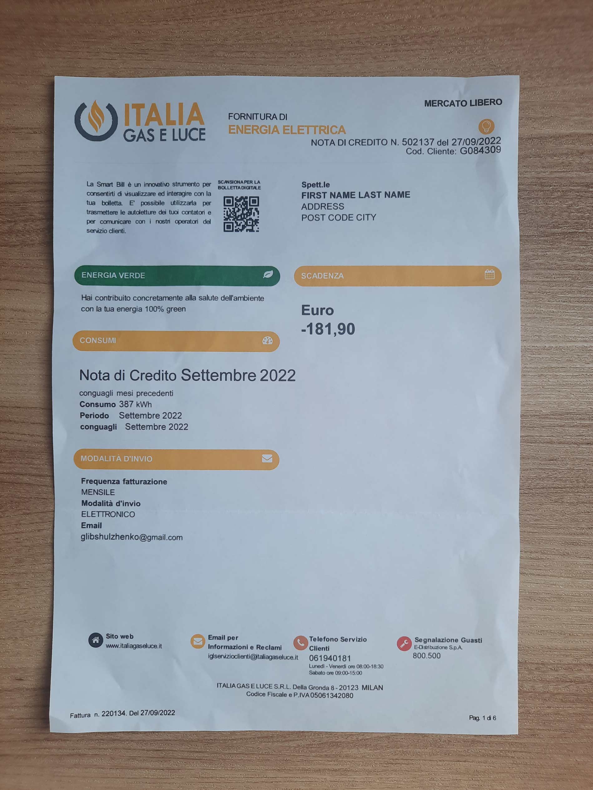 New Gas Italia E Luce utility bill template Sample