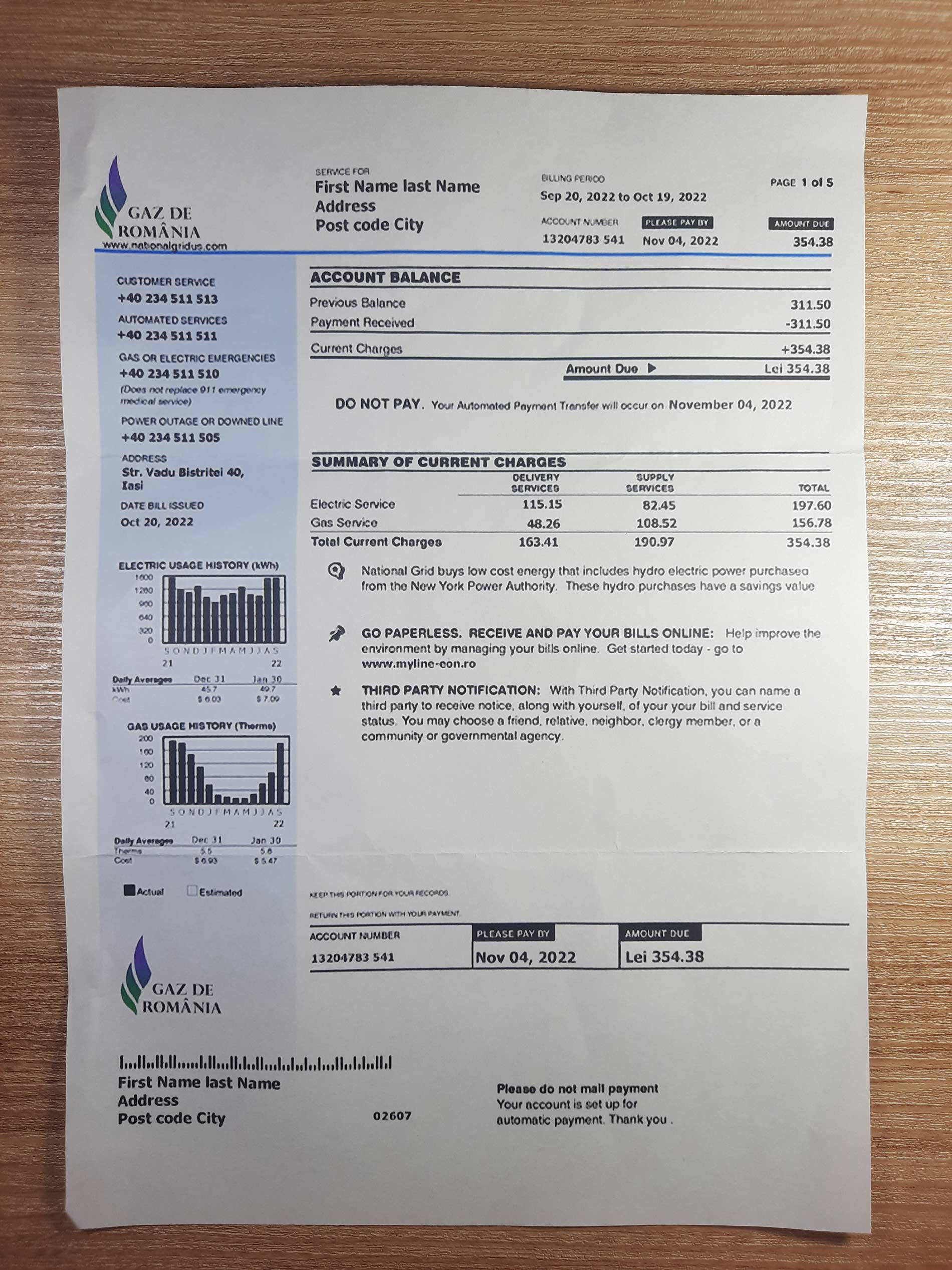 GAZ DE ROMANIA utility bill template sample