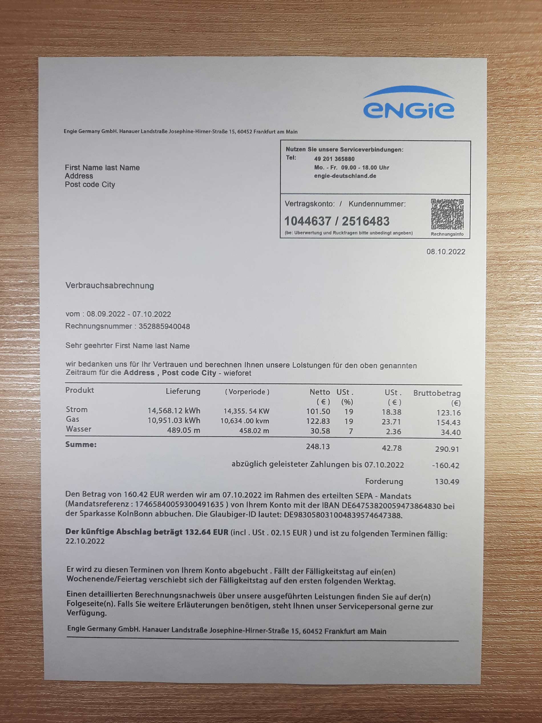 Germany Engie utility bill template Sample