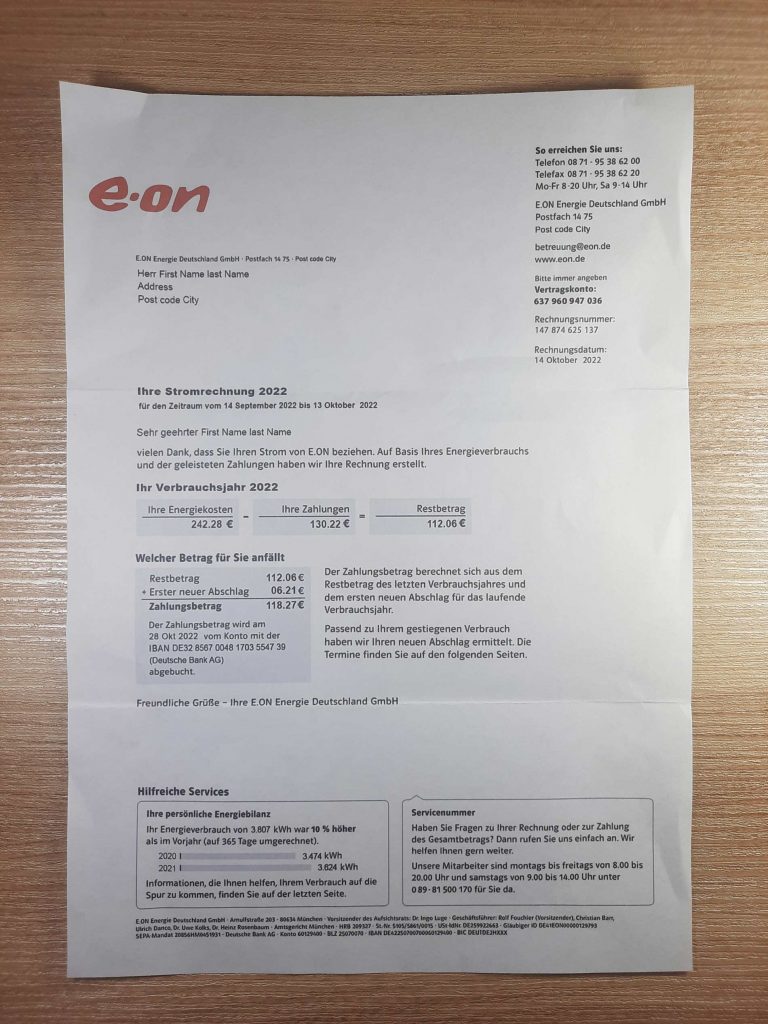 Germany EON utility bill template
