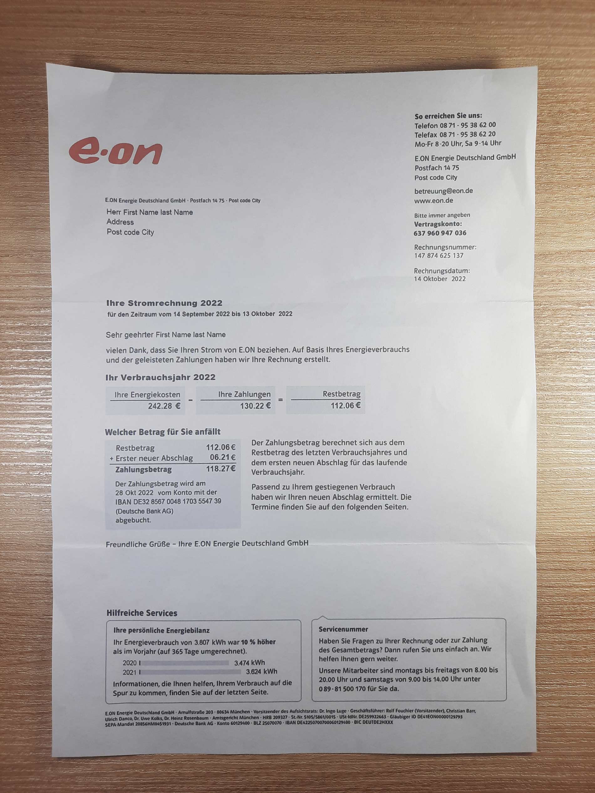 Germany EON utility bill template Sample