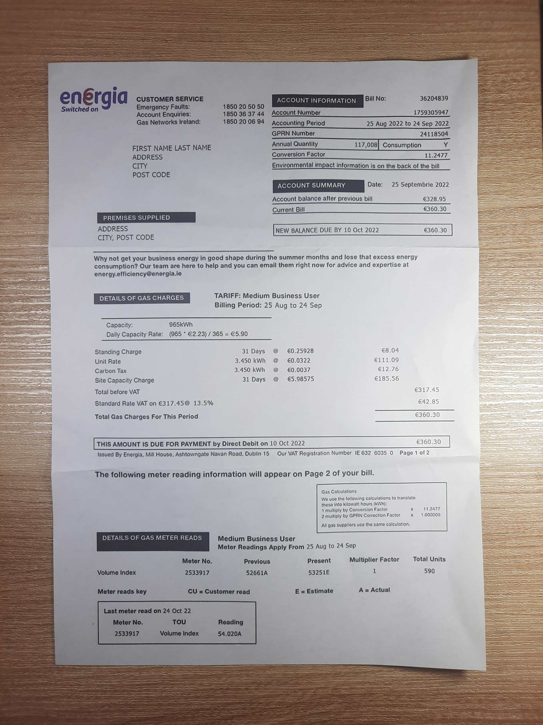 Ireland ENERGIA utility bill template Sample