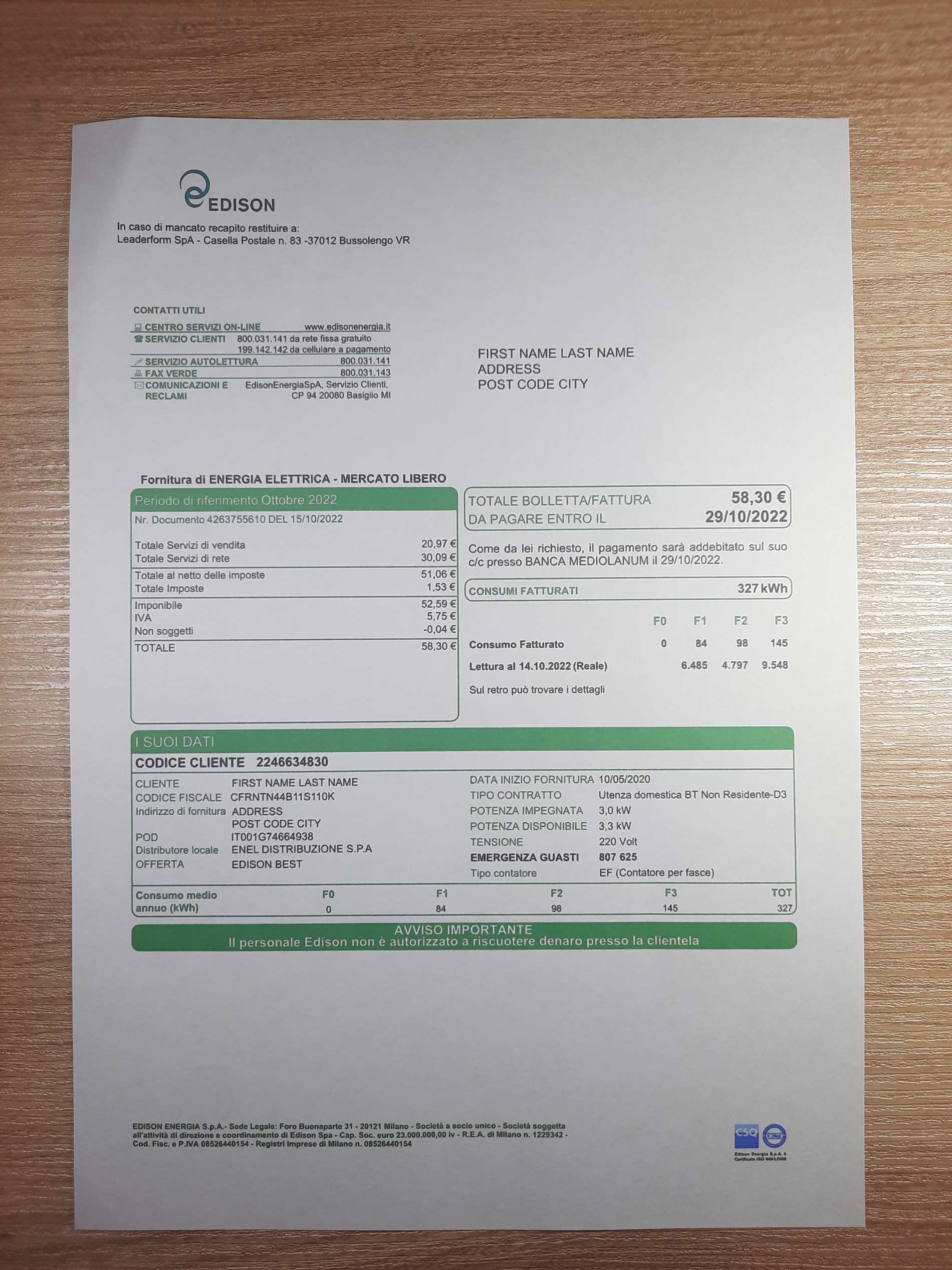 Italy EDISON utility bill template Sample