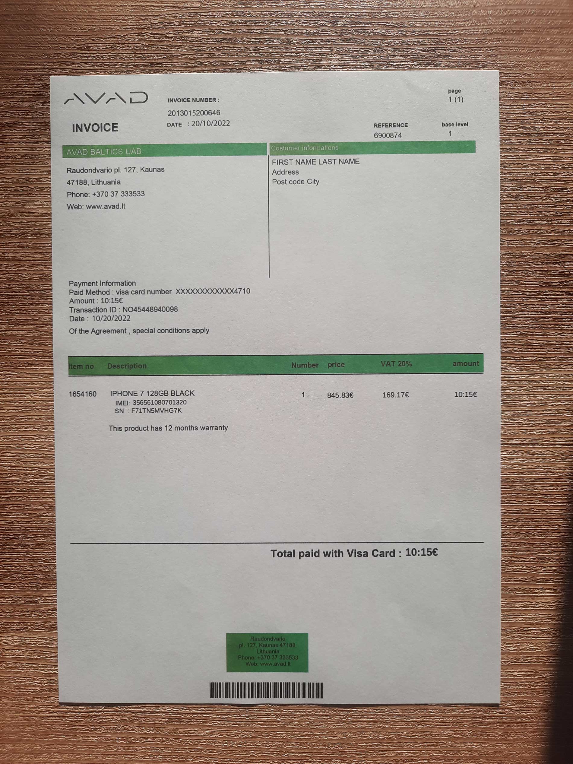 Lithuania AVAD utility bill template