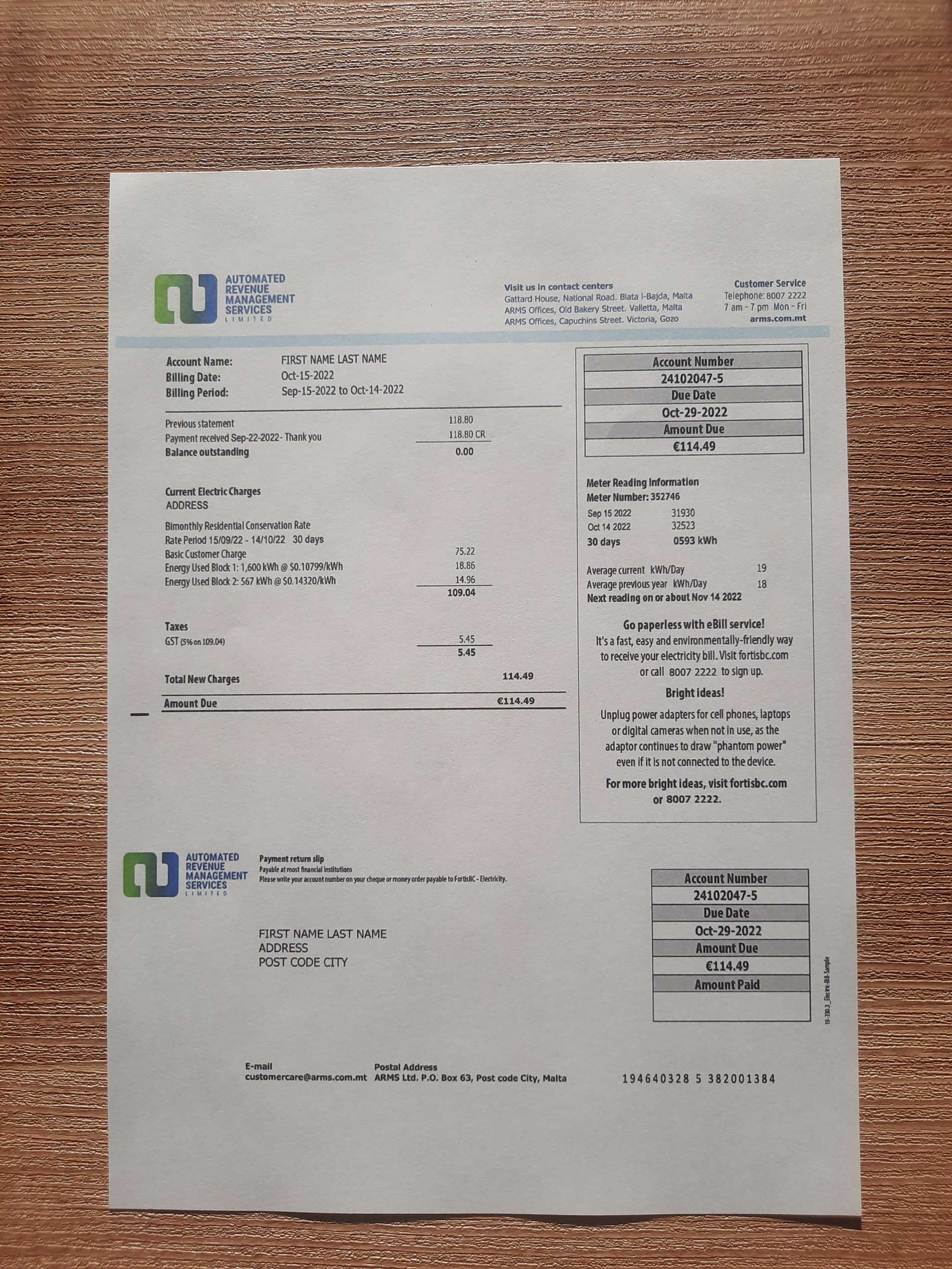 Malta Automated Revenue Electricity utility bill template sample