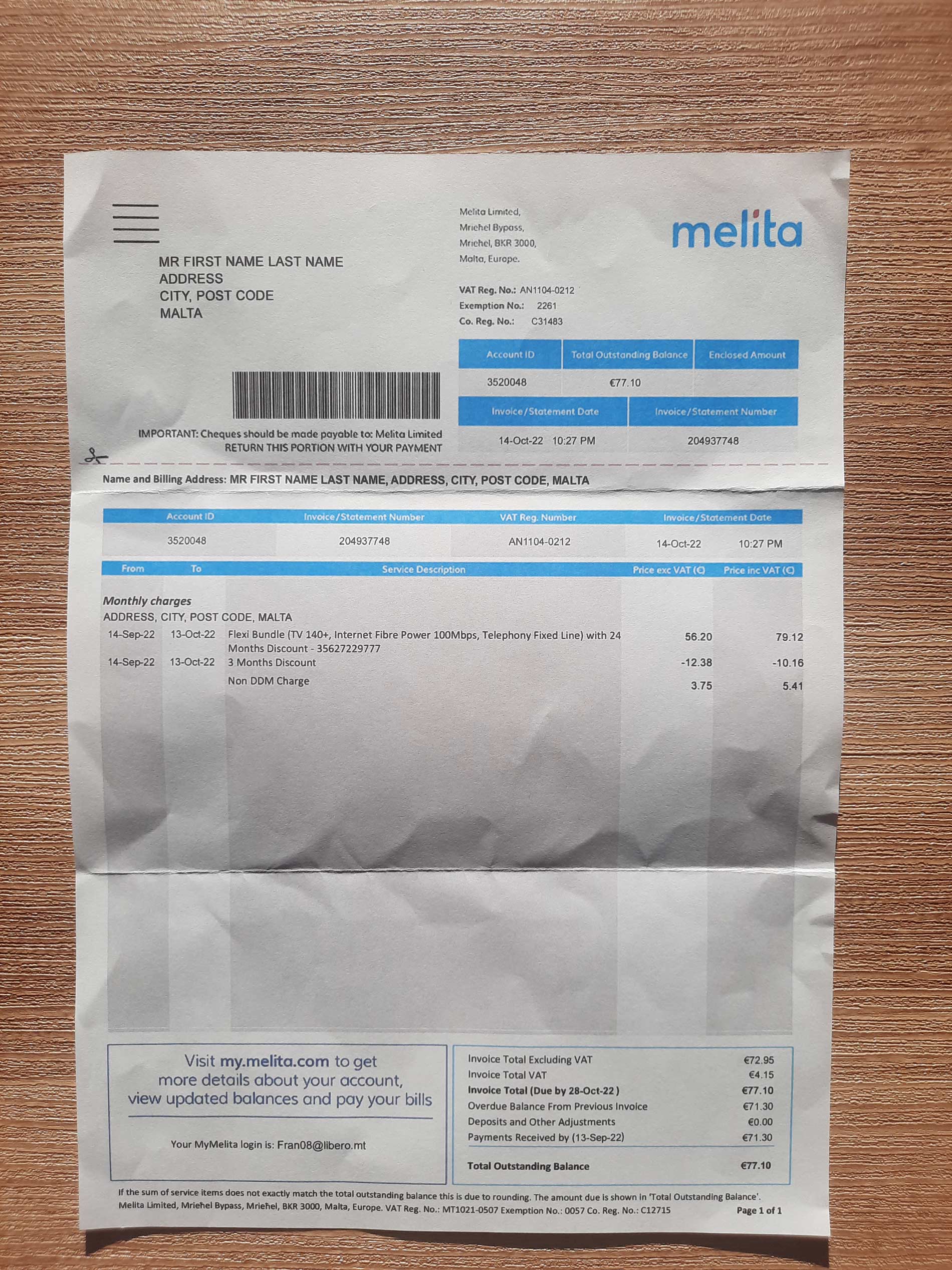 Malta MELITA utility bill template sample