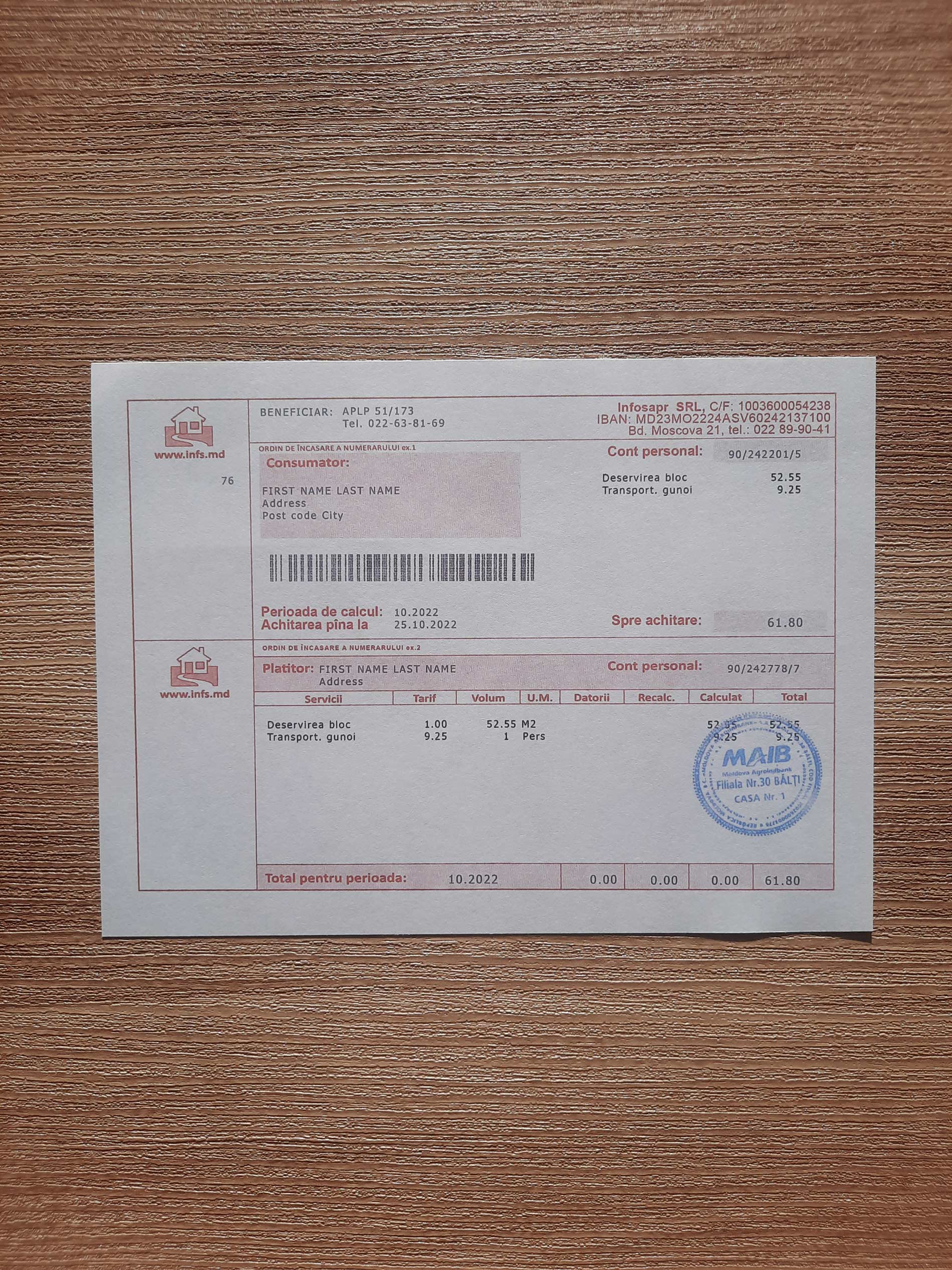 Moldova Infs utility bill template sample