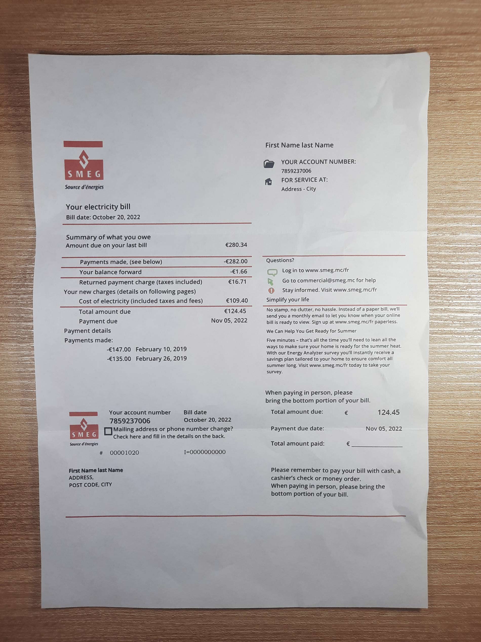 Monaco SMEG electricity utility bill utility bill template sample