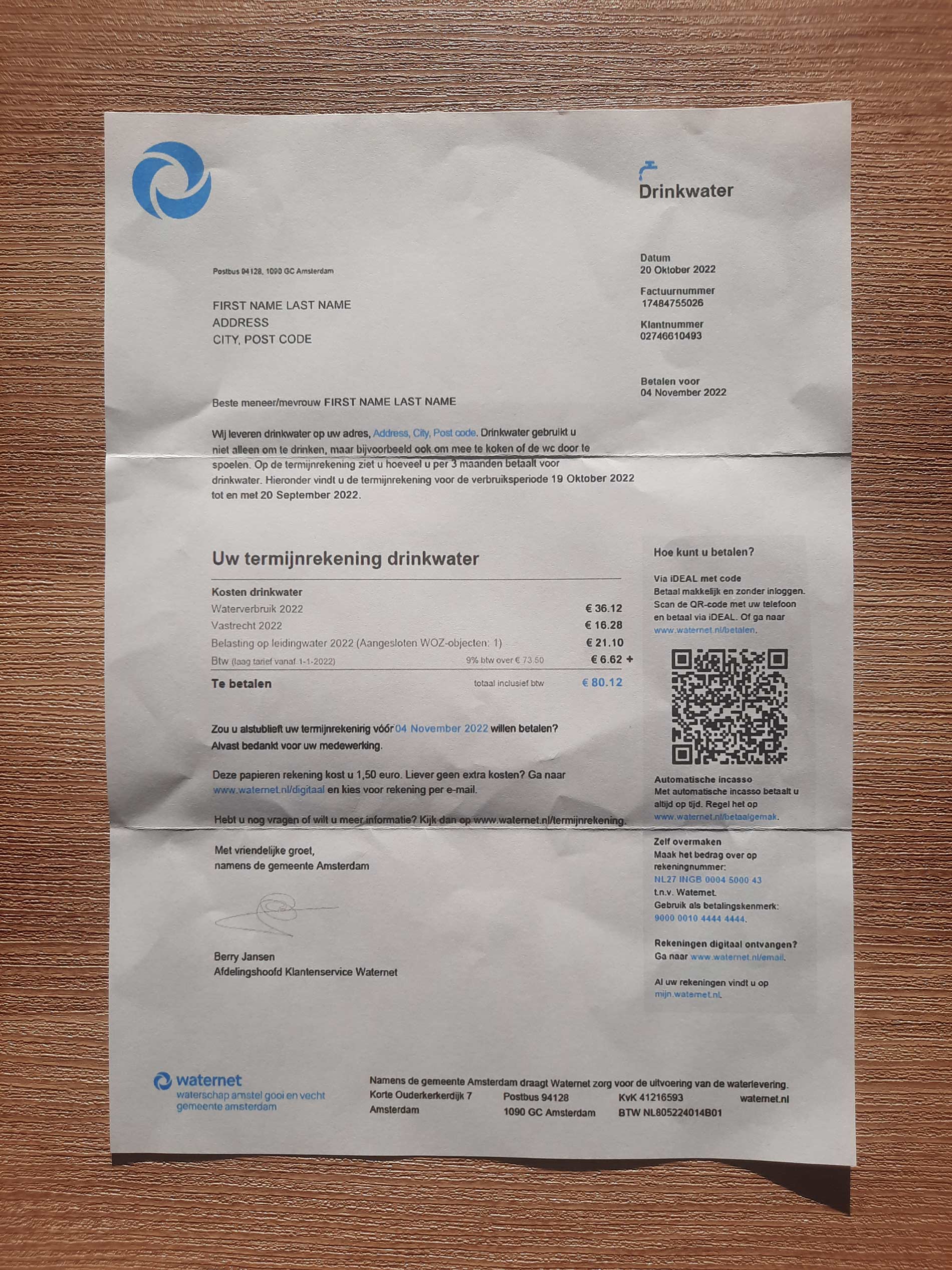 Netherlands Drinkwater utility bill template sample
