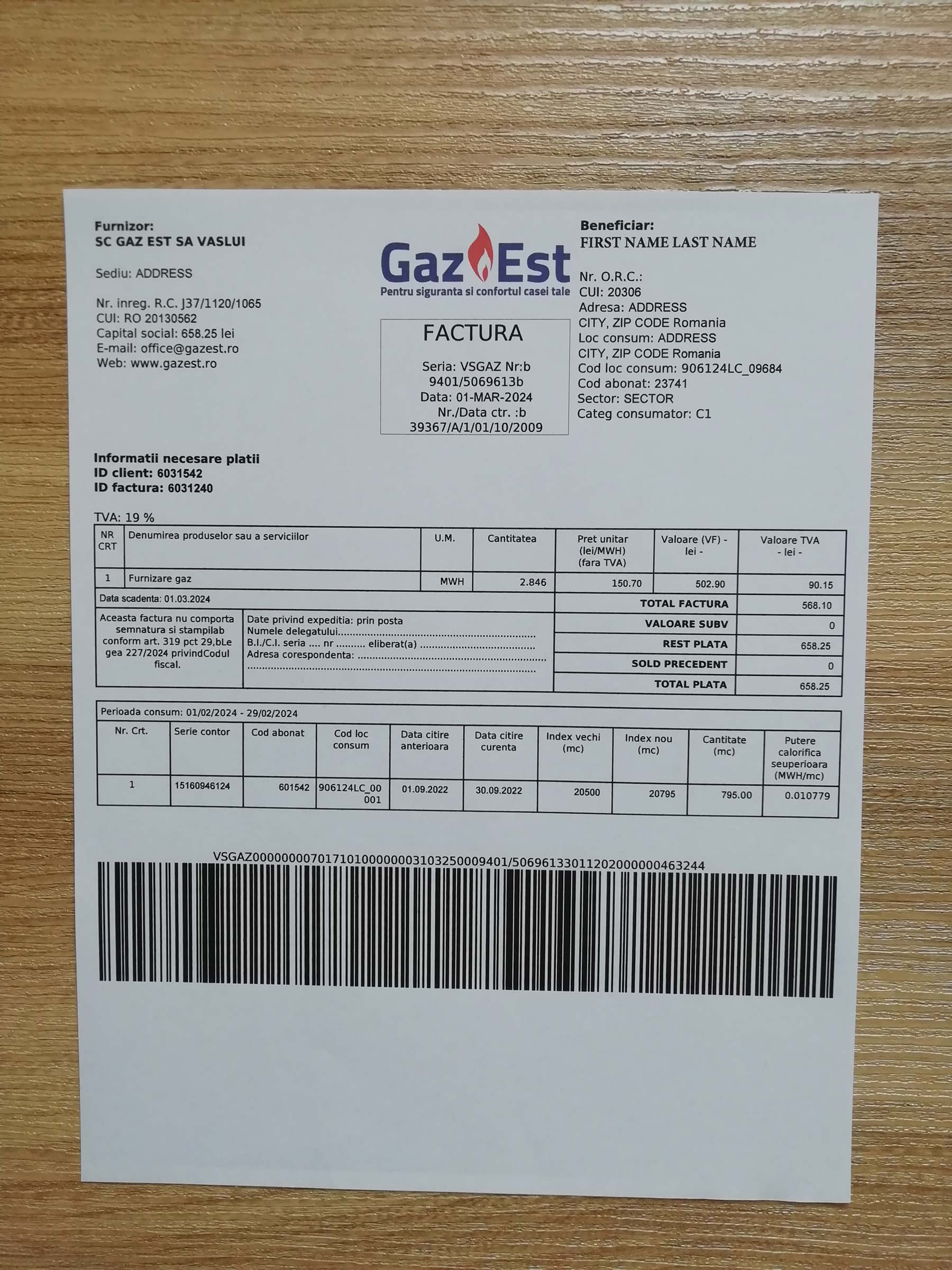 Romania Gaz Est bill – proof of address example