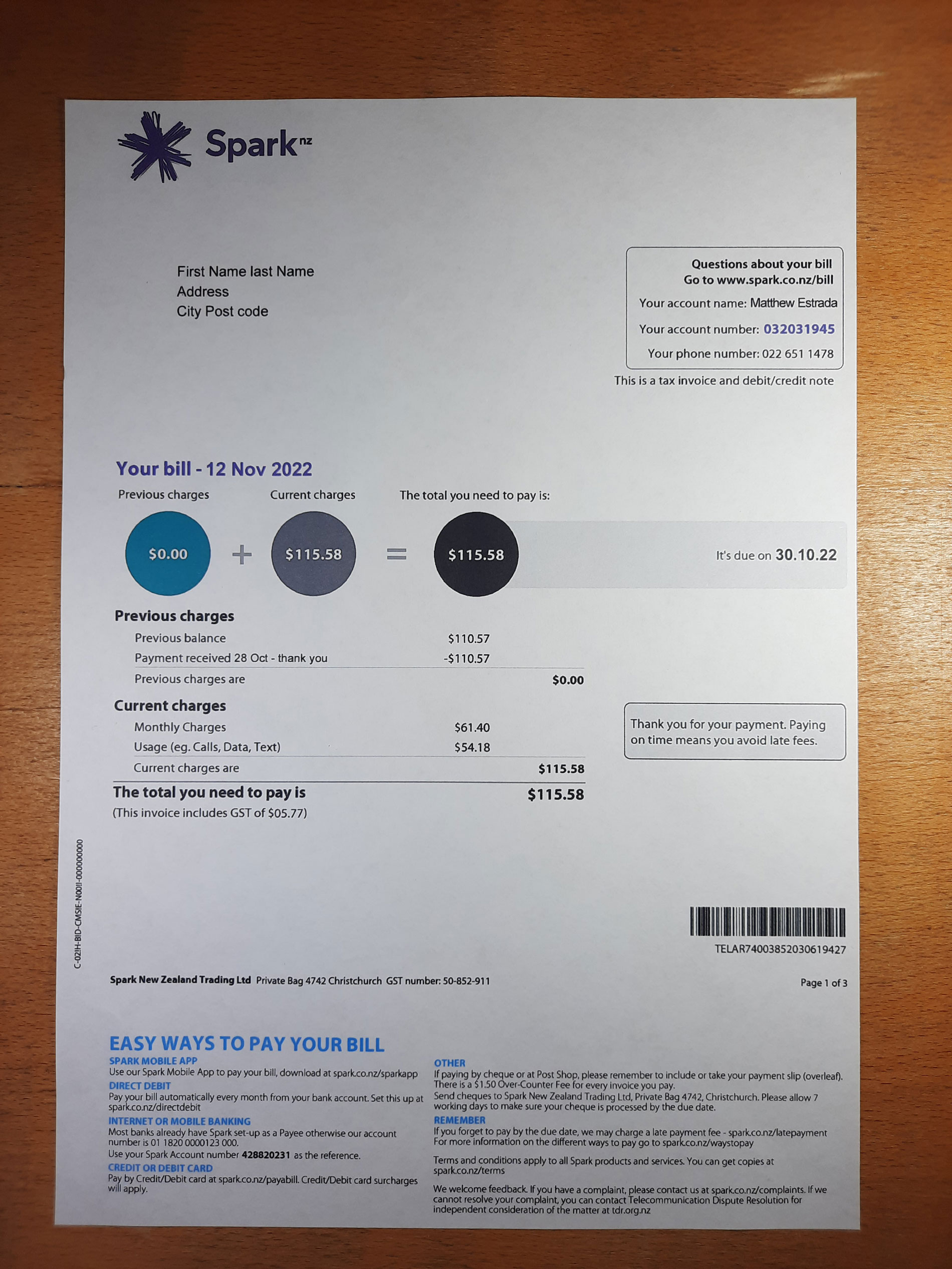 New Zealand Spark utility bill template