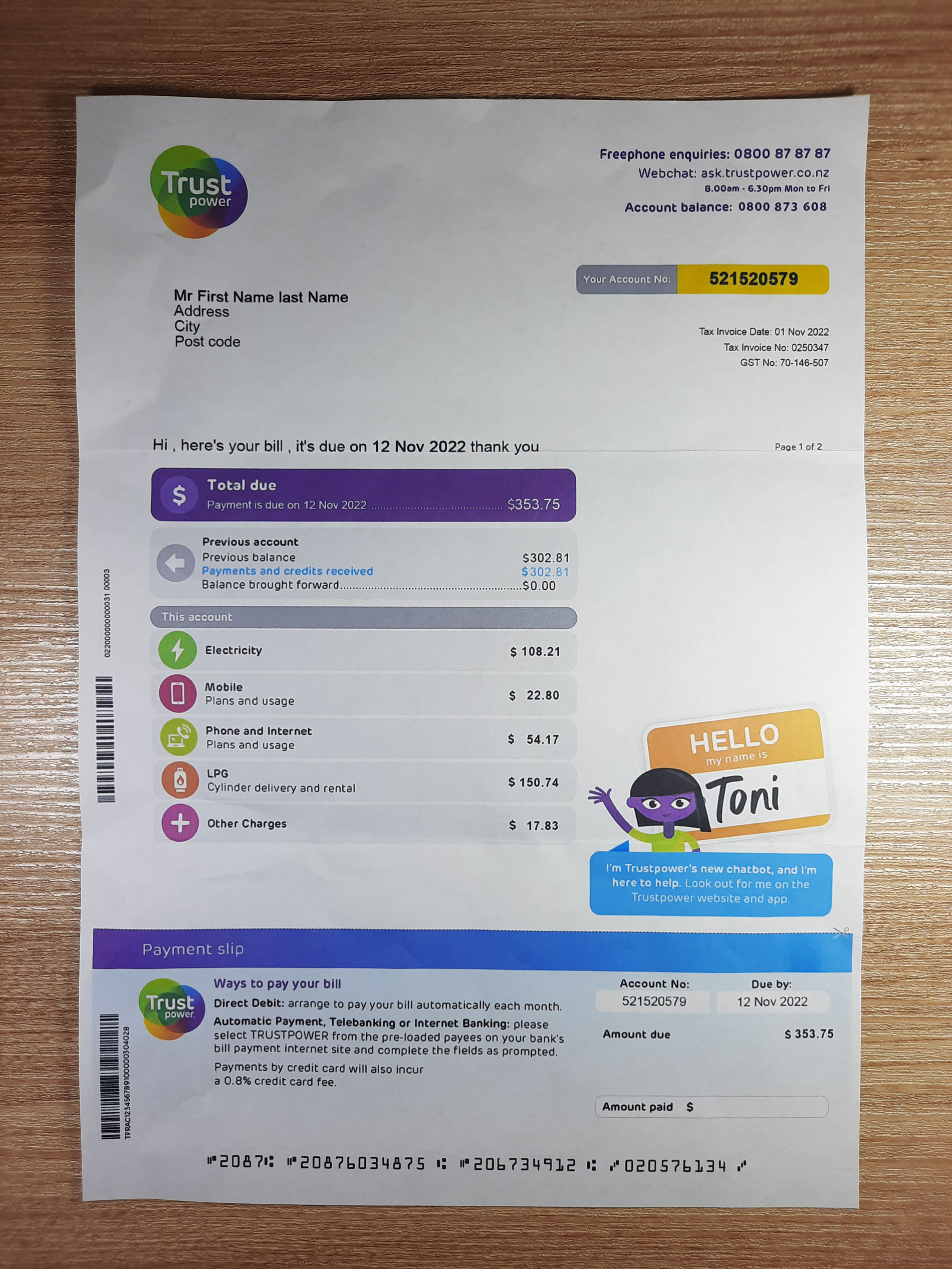 New Zeland Trust utility bill template
