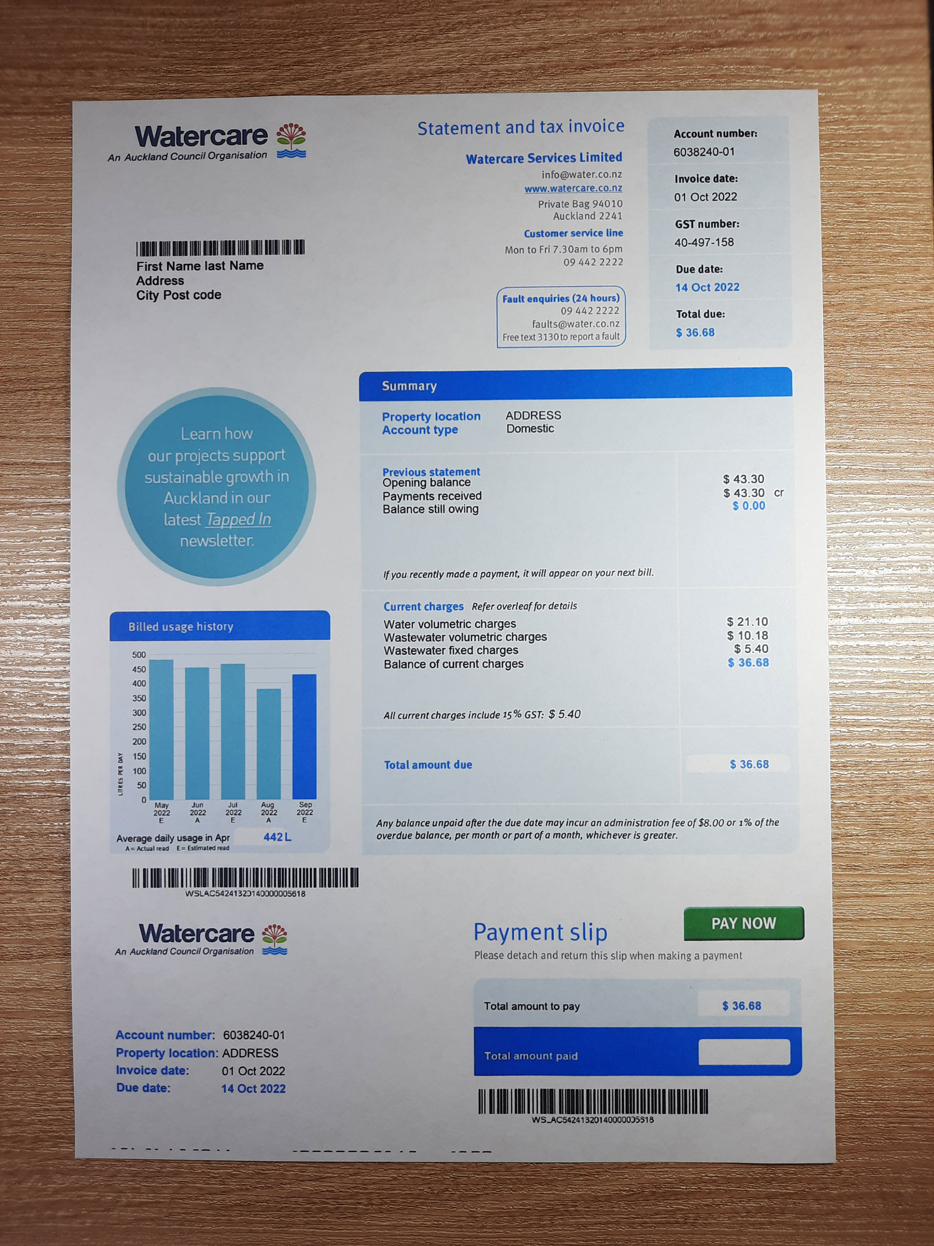 New Zealand Watercare utility bill template