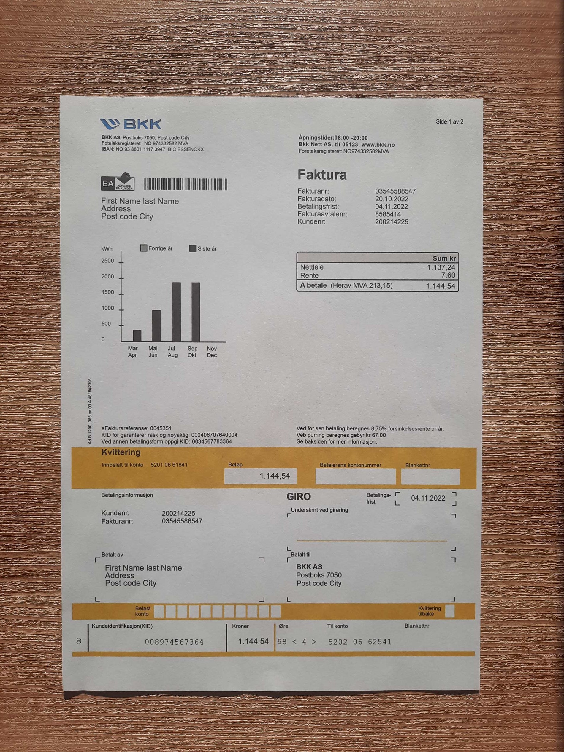 Norway BKK Electricity utility bill template sample
