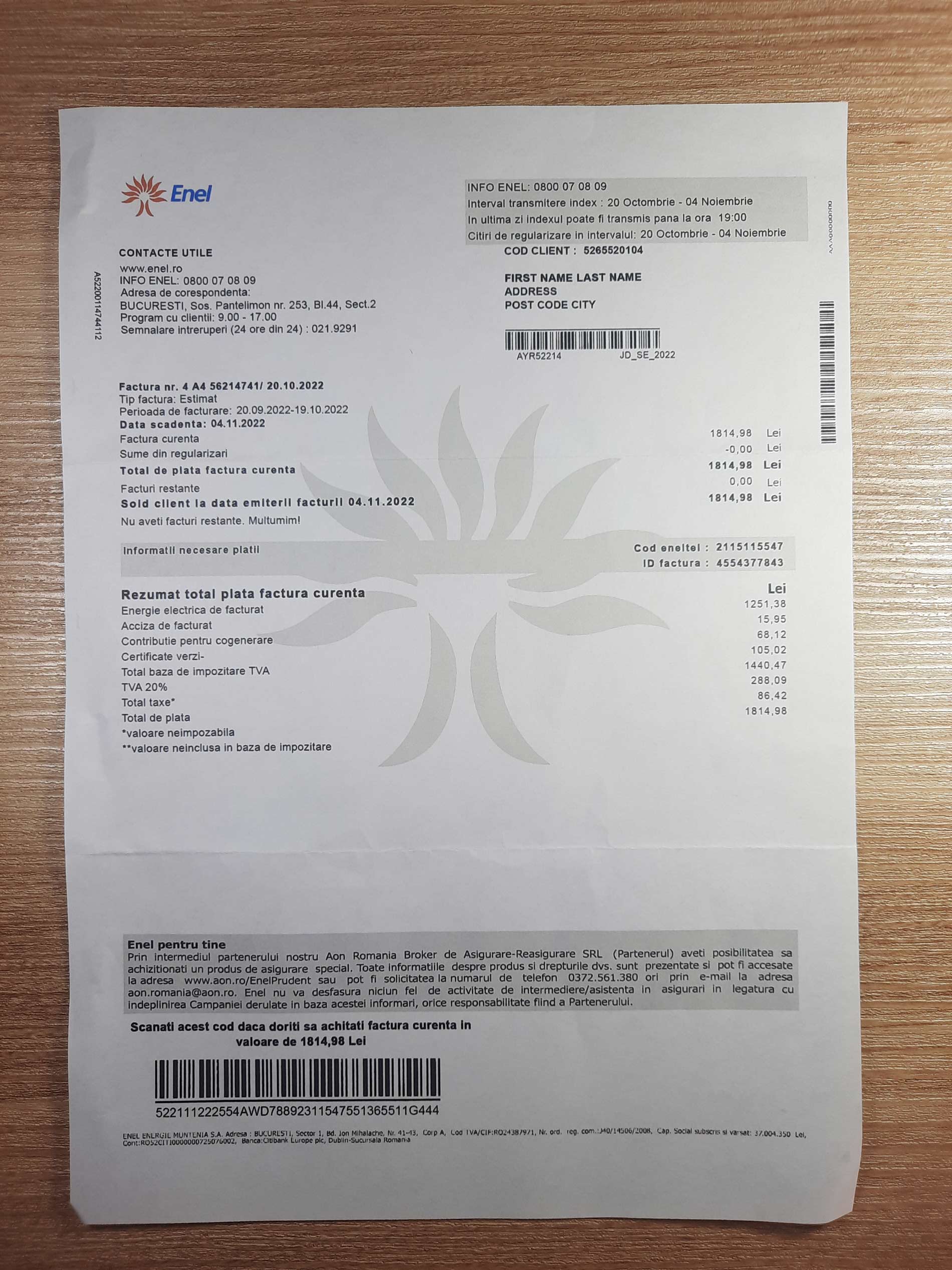 Romania ENEL utility bill template sample