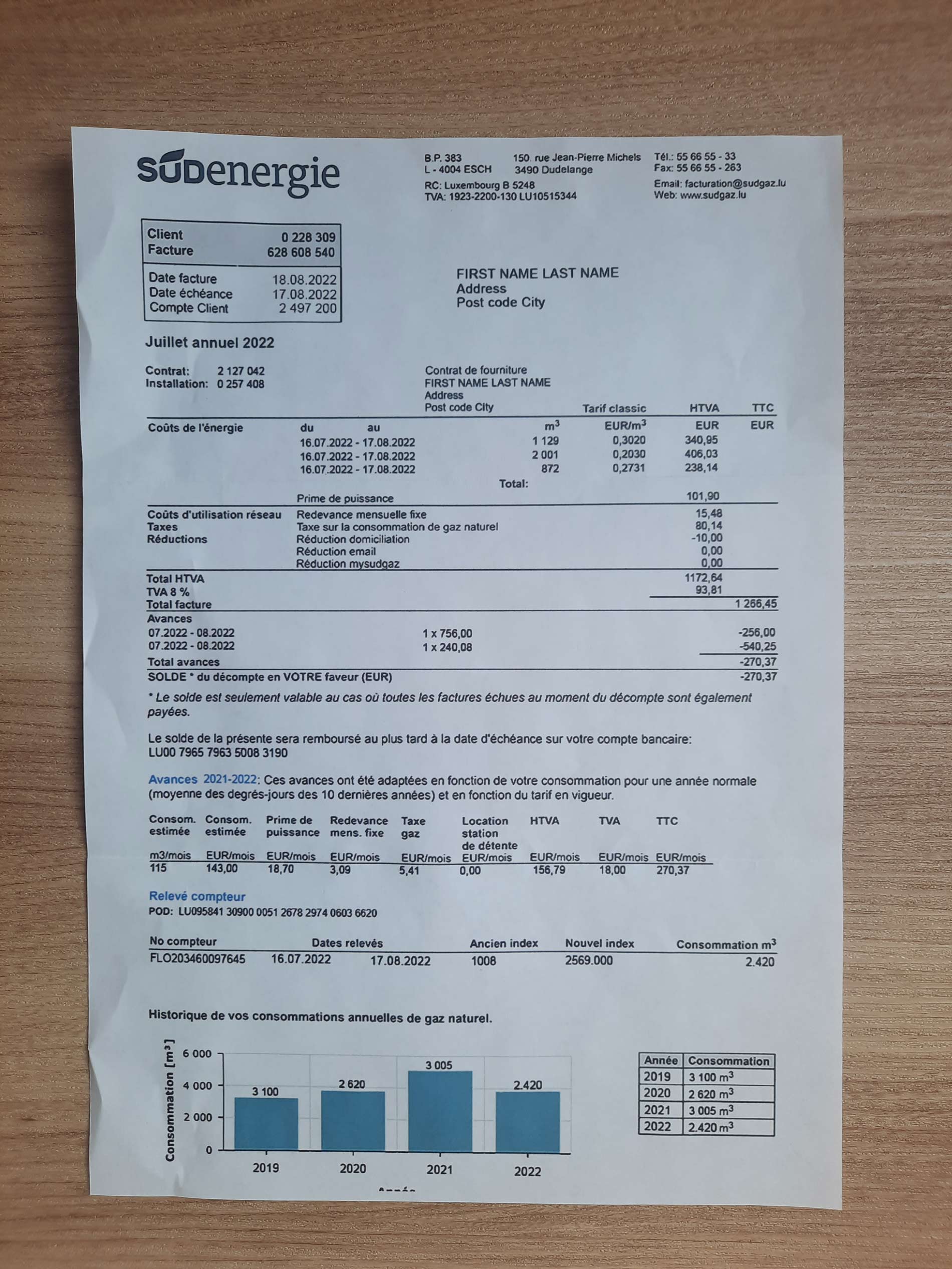 New SUDenergie Luxembourg utility bill template sample