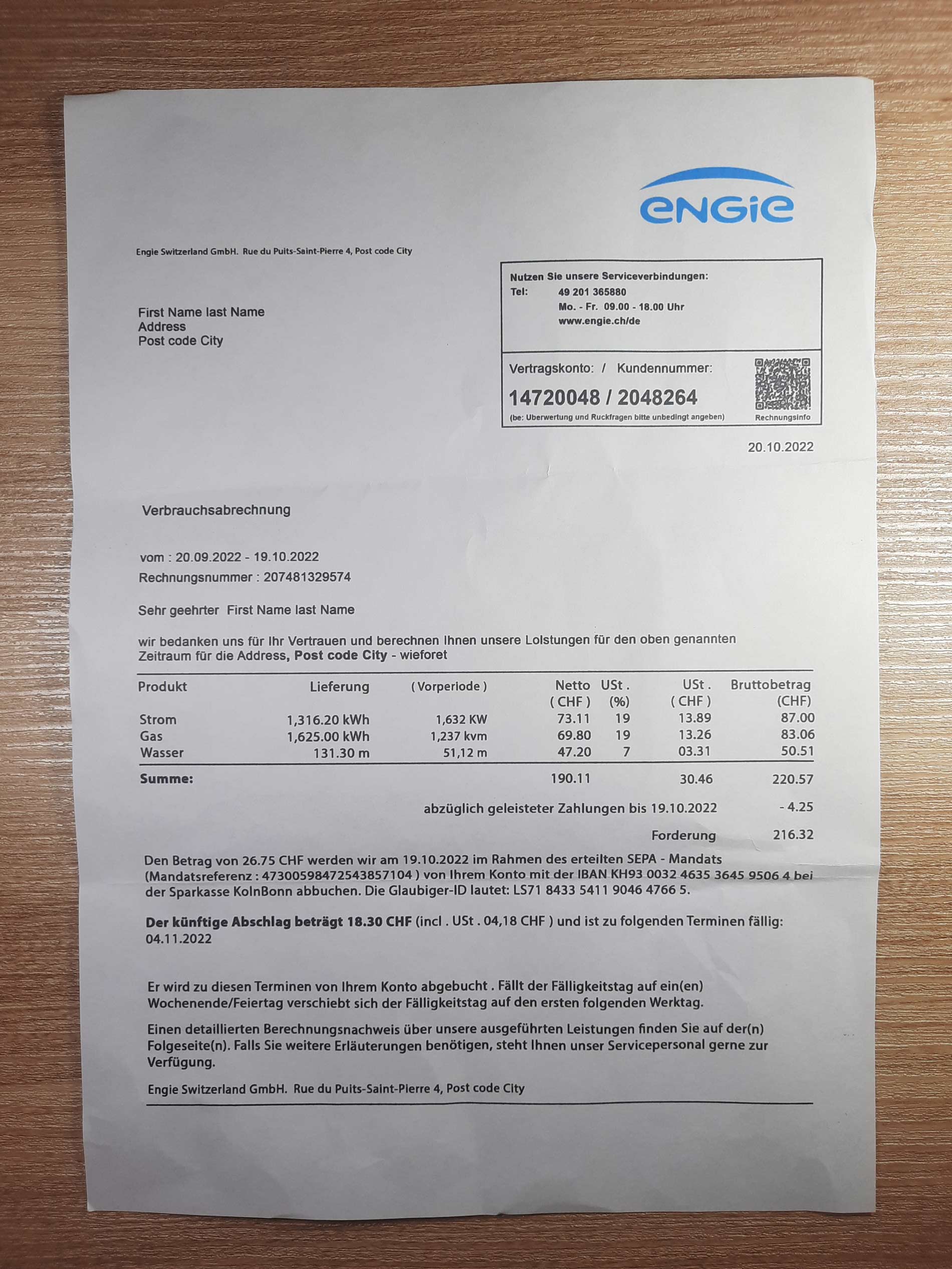 Swezerland Engie Electricity utility bill template sample