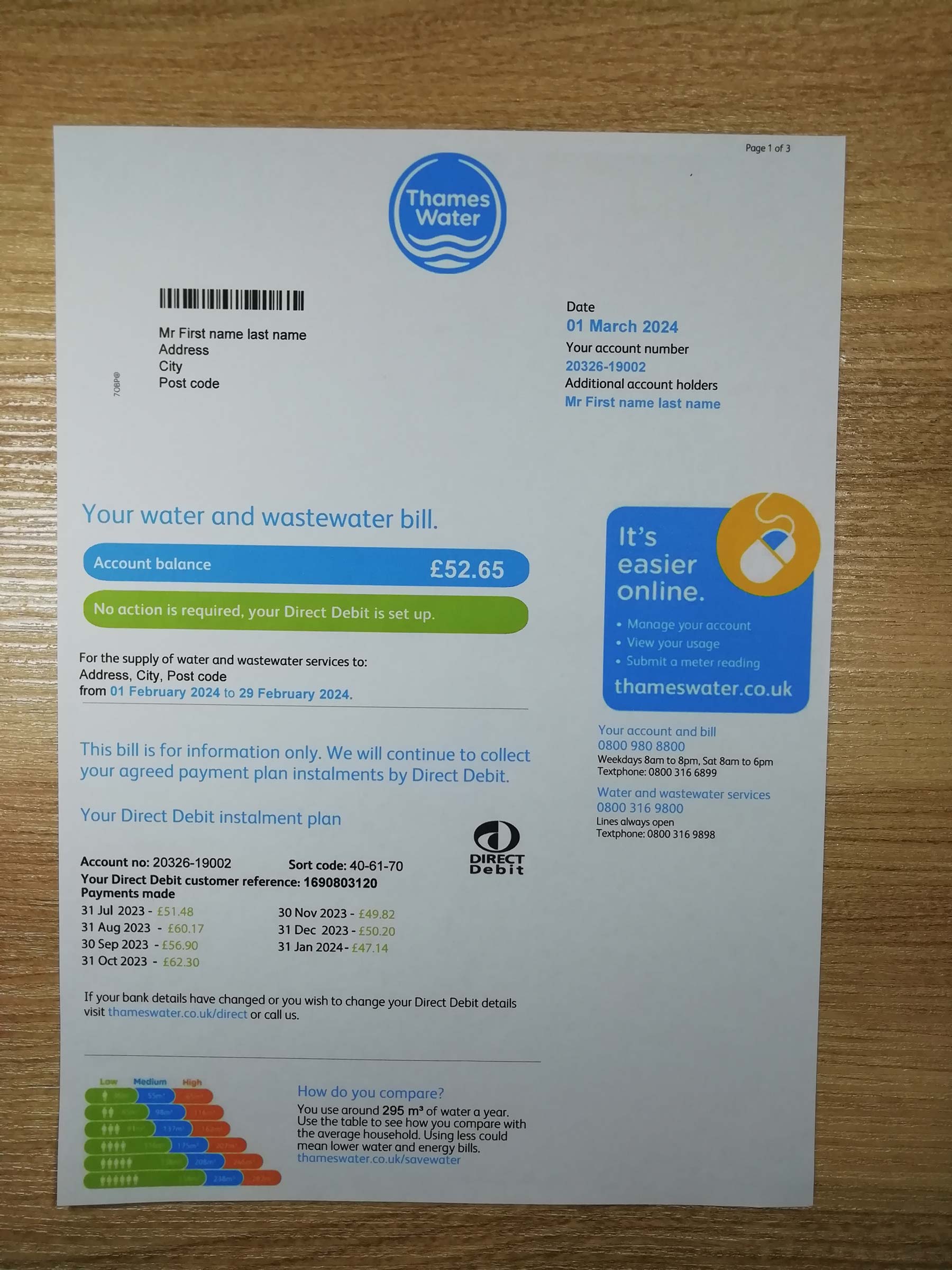 Visual example of Thames Water utility bill