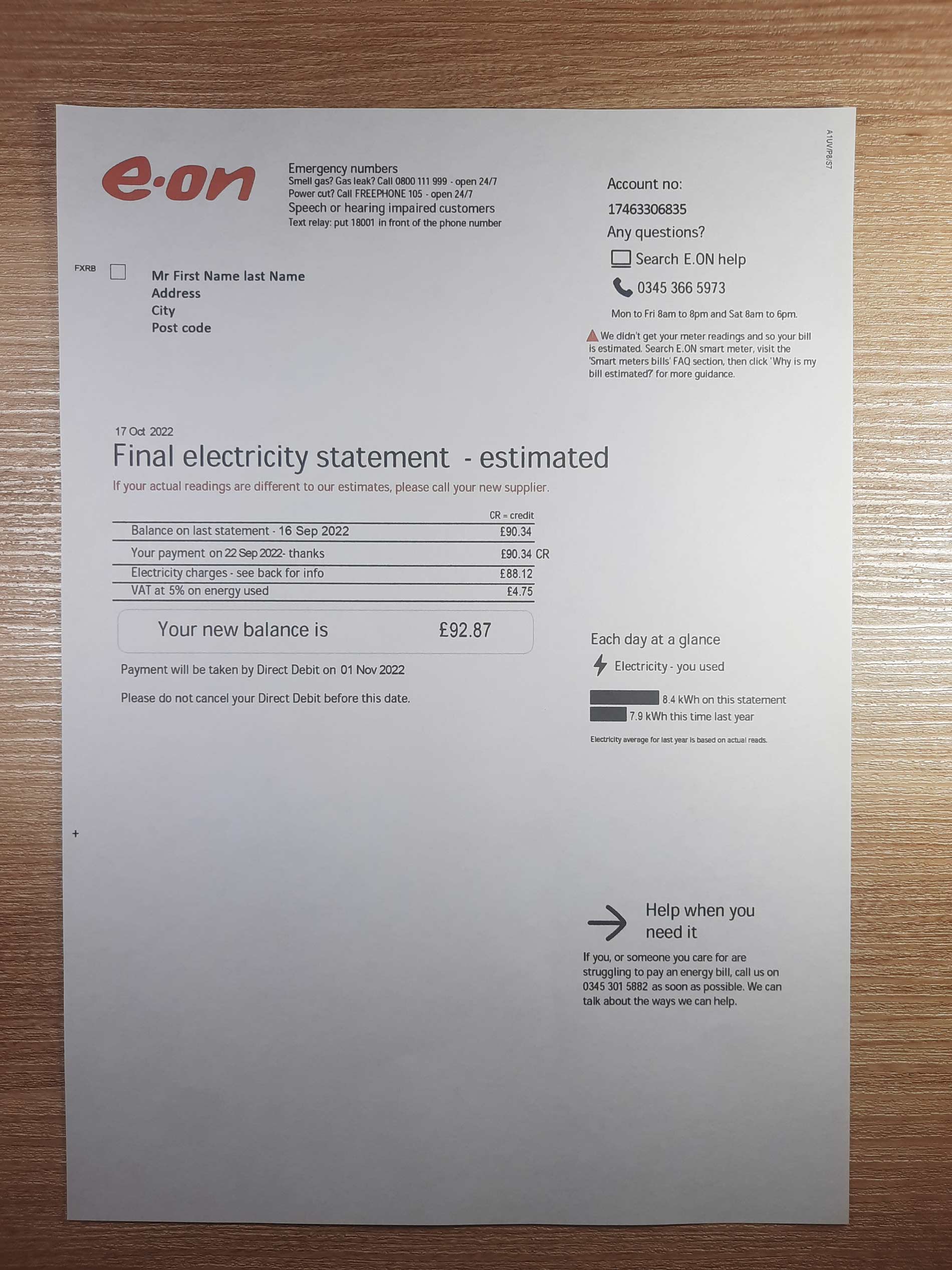 UK EON Electricity utility bill template sample