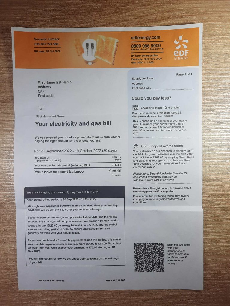 UK EDF Electricity utility bill template