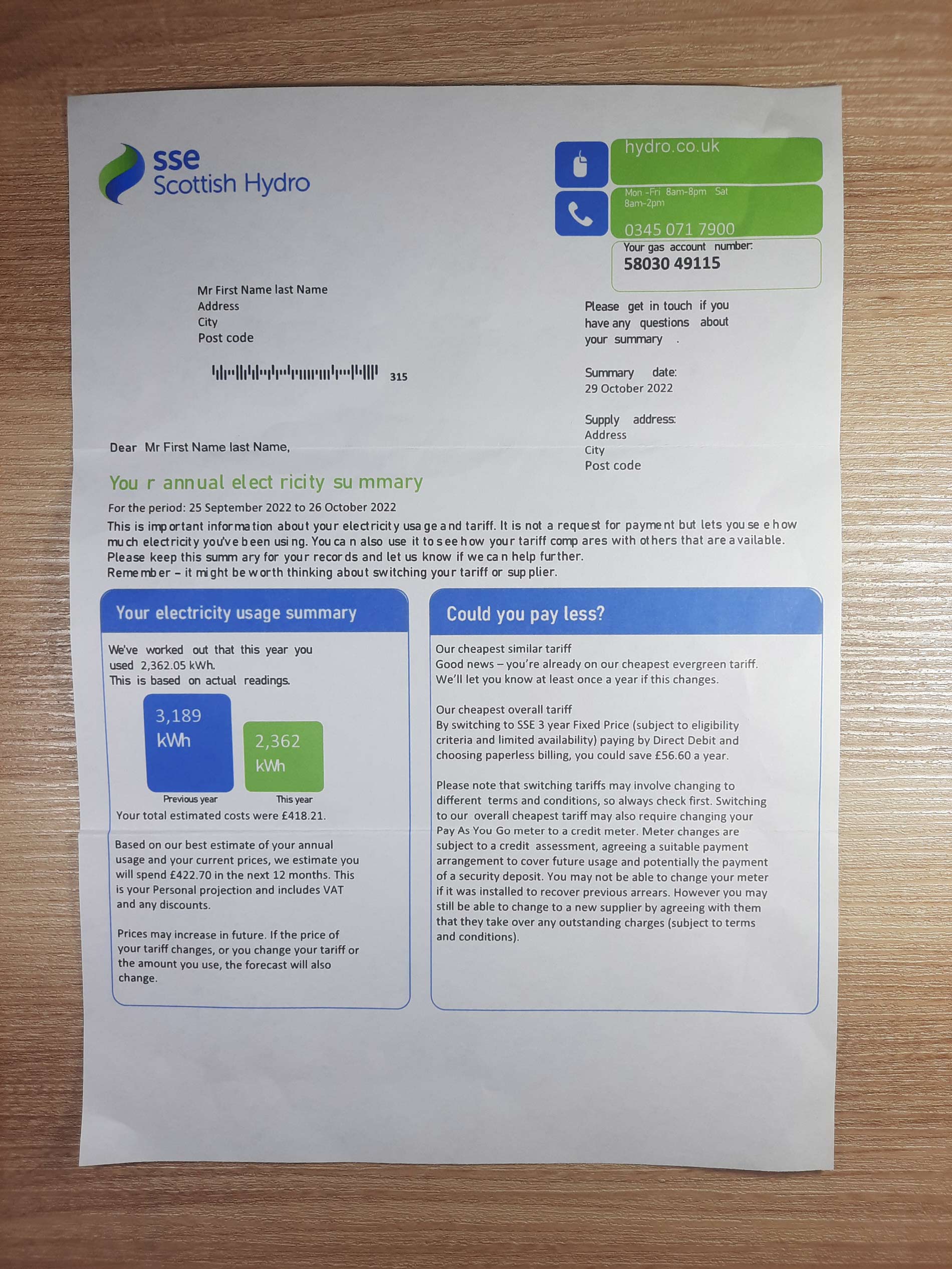 United Kingdom SSE Energy utility bill template sample