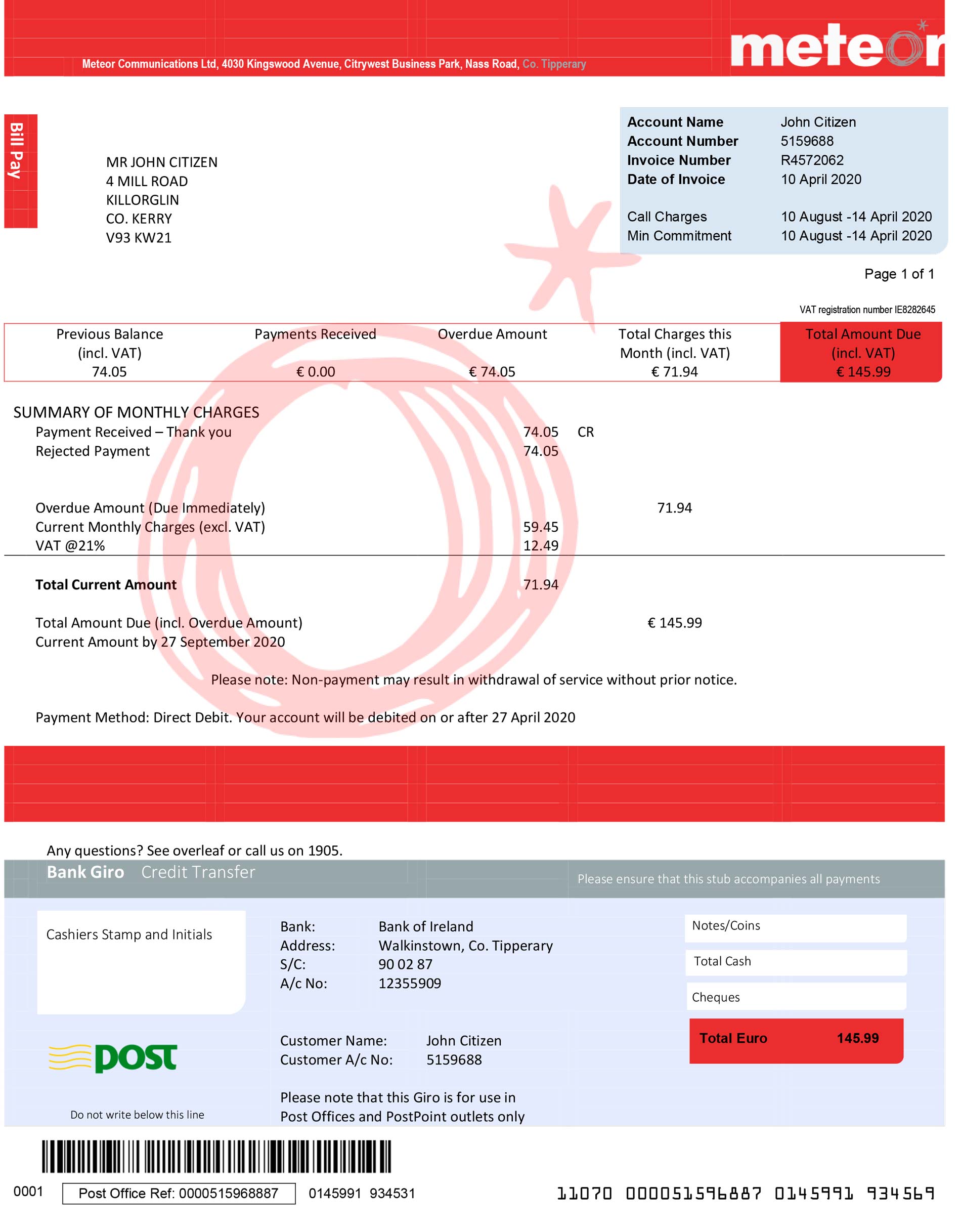 Ireland utility bill template
