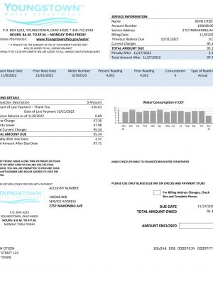 Ohio Youngstown Water Department utility bill