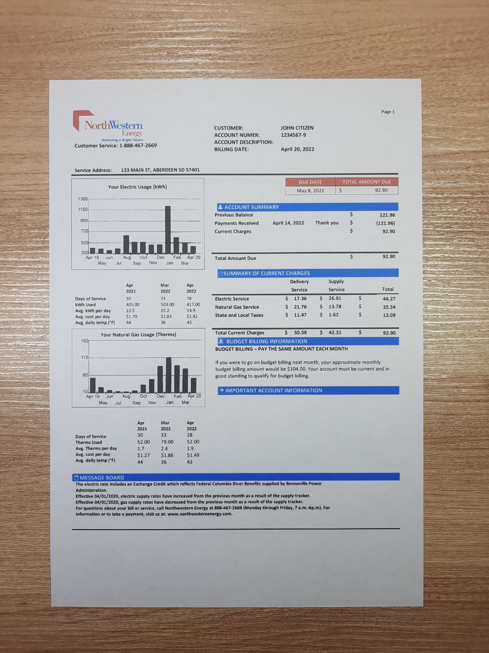 NorthWest Energy utility bill template