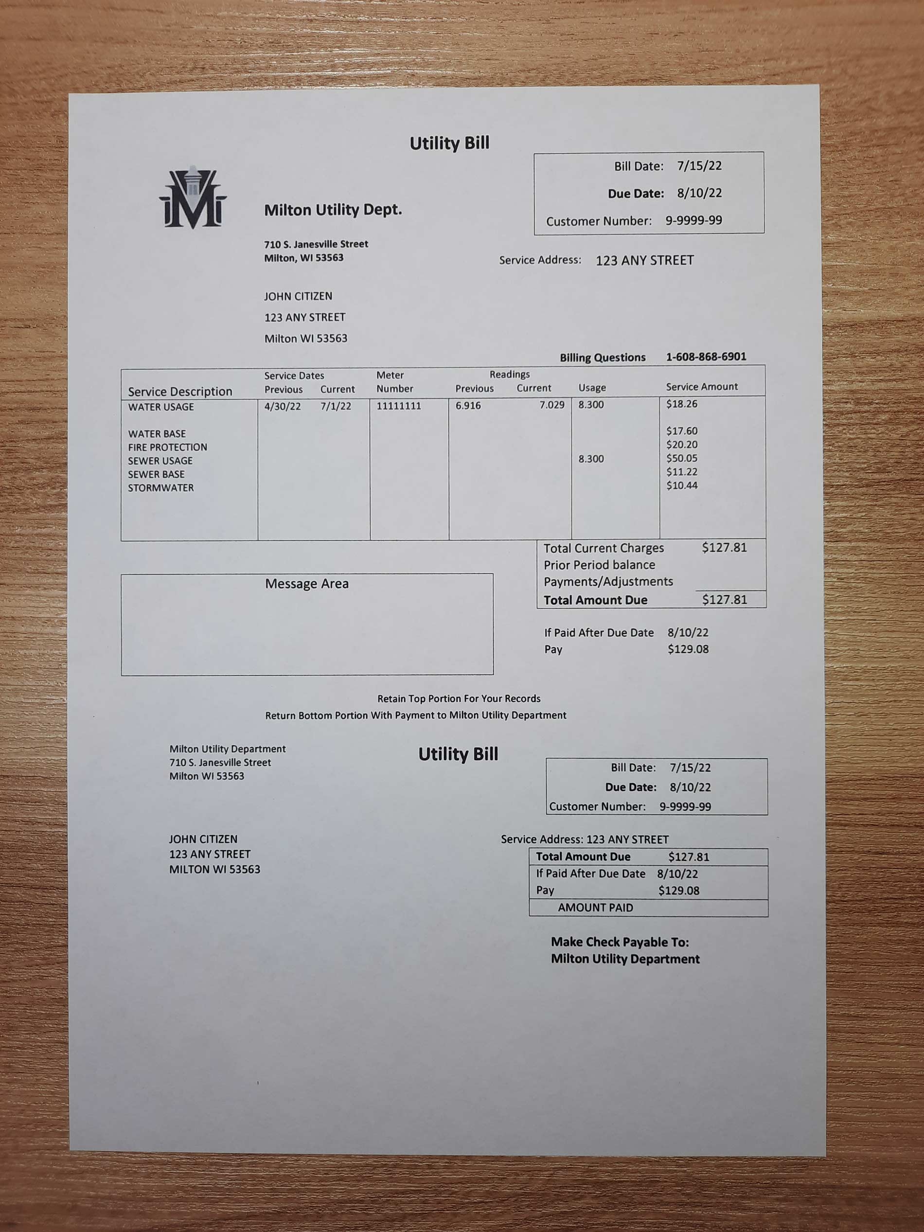 USA Milton Utility bill