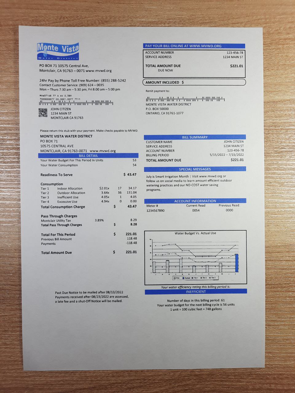 California Monte Vista Water District utility bill