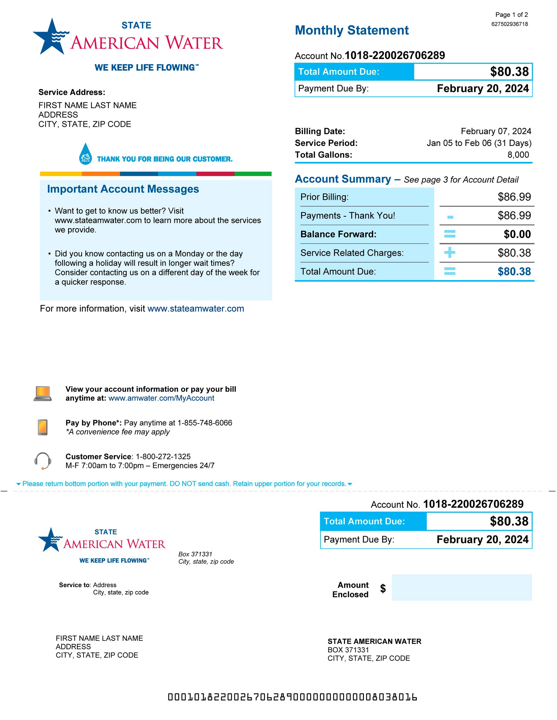 Editable {utility type} bill template – American Water sample in PDF