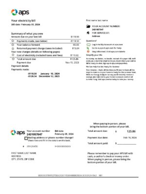 USA Arizona electricity Editable {utility type} bill template – {State} {Provider} sample in PDF