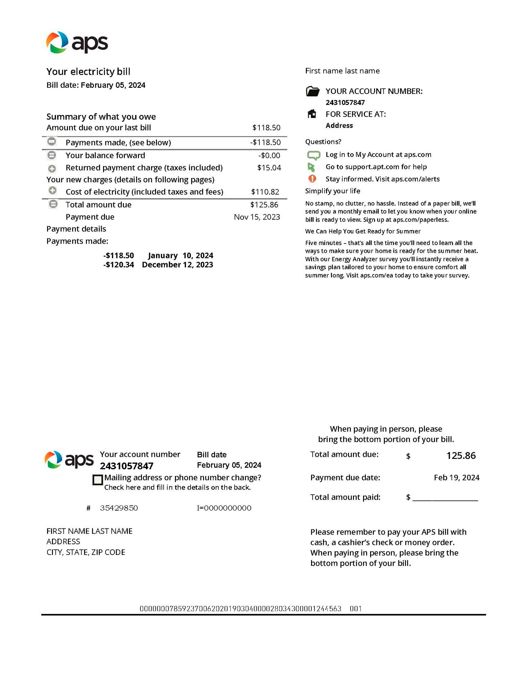 USA Arizona electricity Editable {utility type} bill template – {State} {Provider} sample in PDF