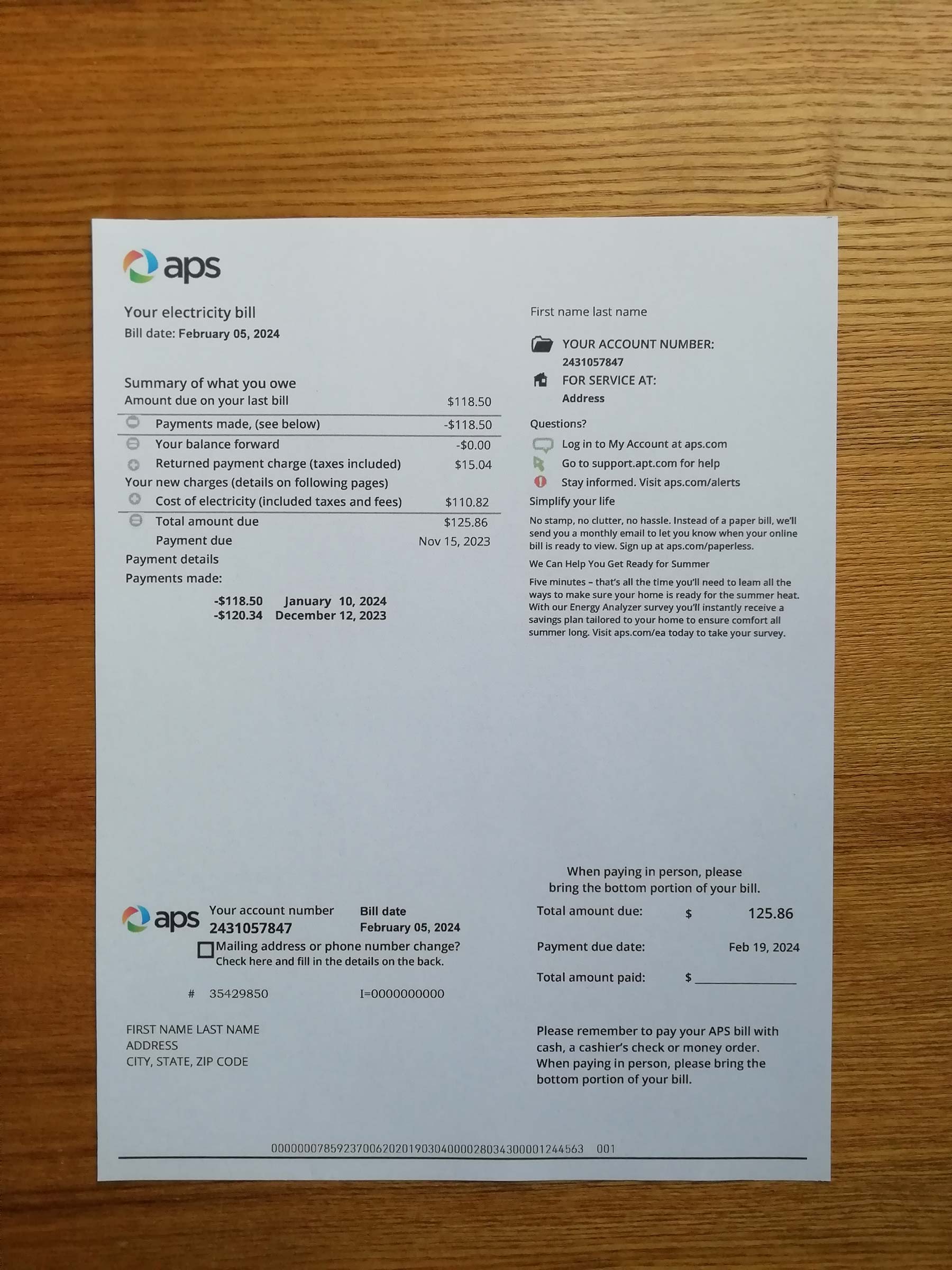 Arizona Printed {State} {Provider} utility bill – real photo for document verification