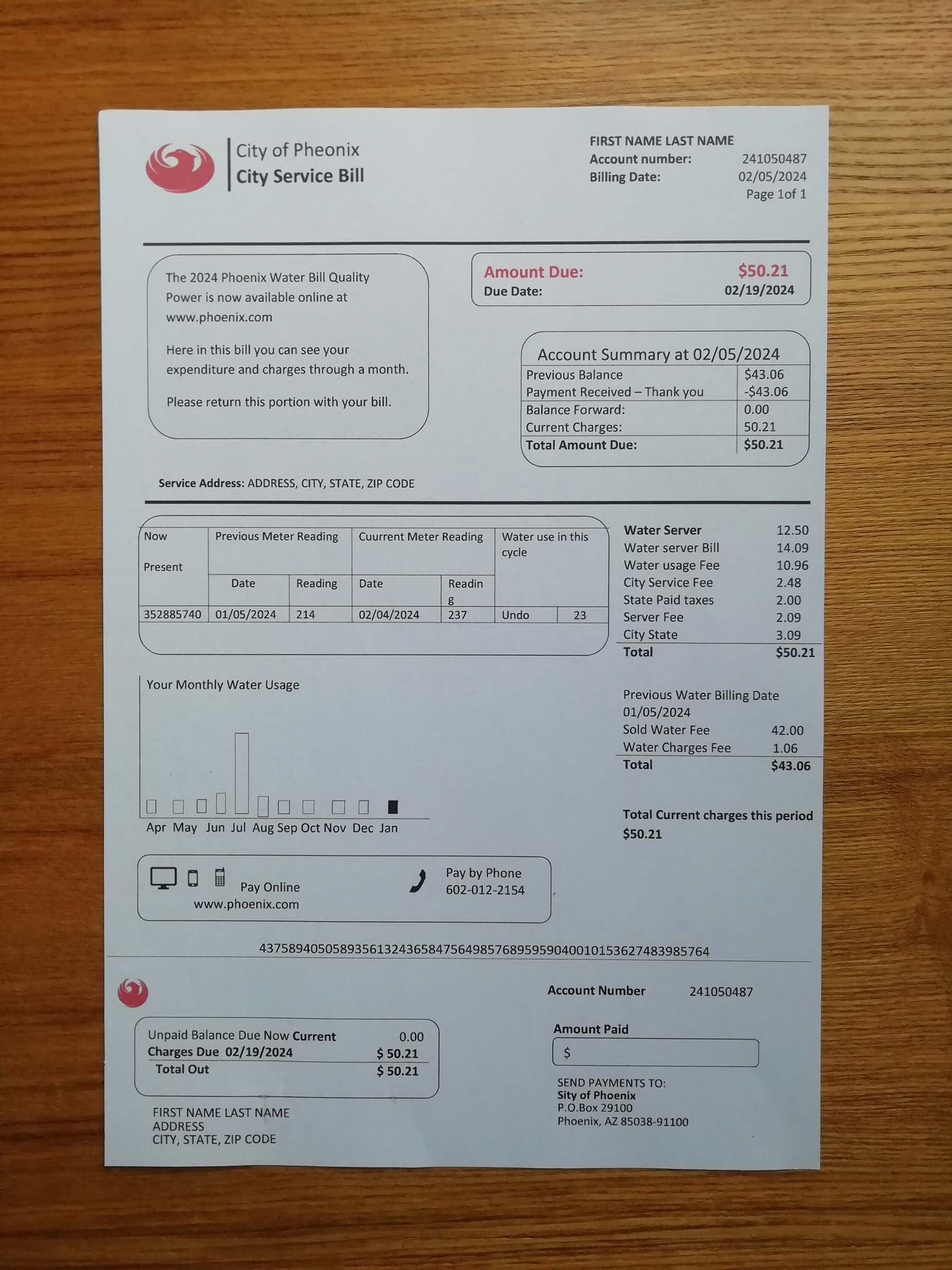 Arizona City of Phoenix {Provider} bill printed and photographed – address proof from {State}