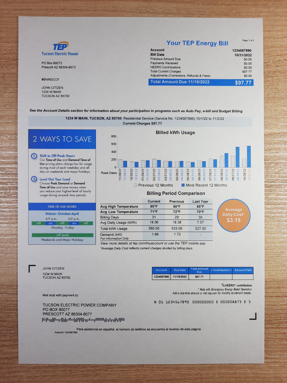 Arizona Tucson electric power (TEP) utility Bill