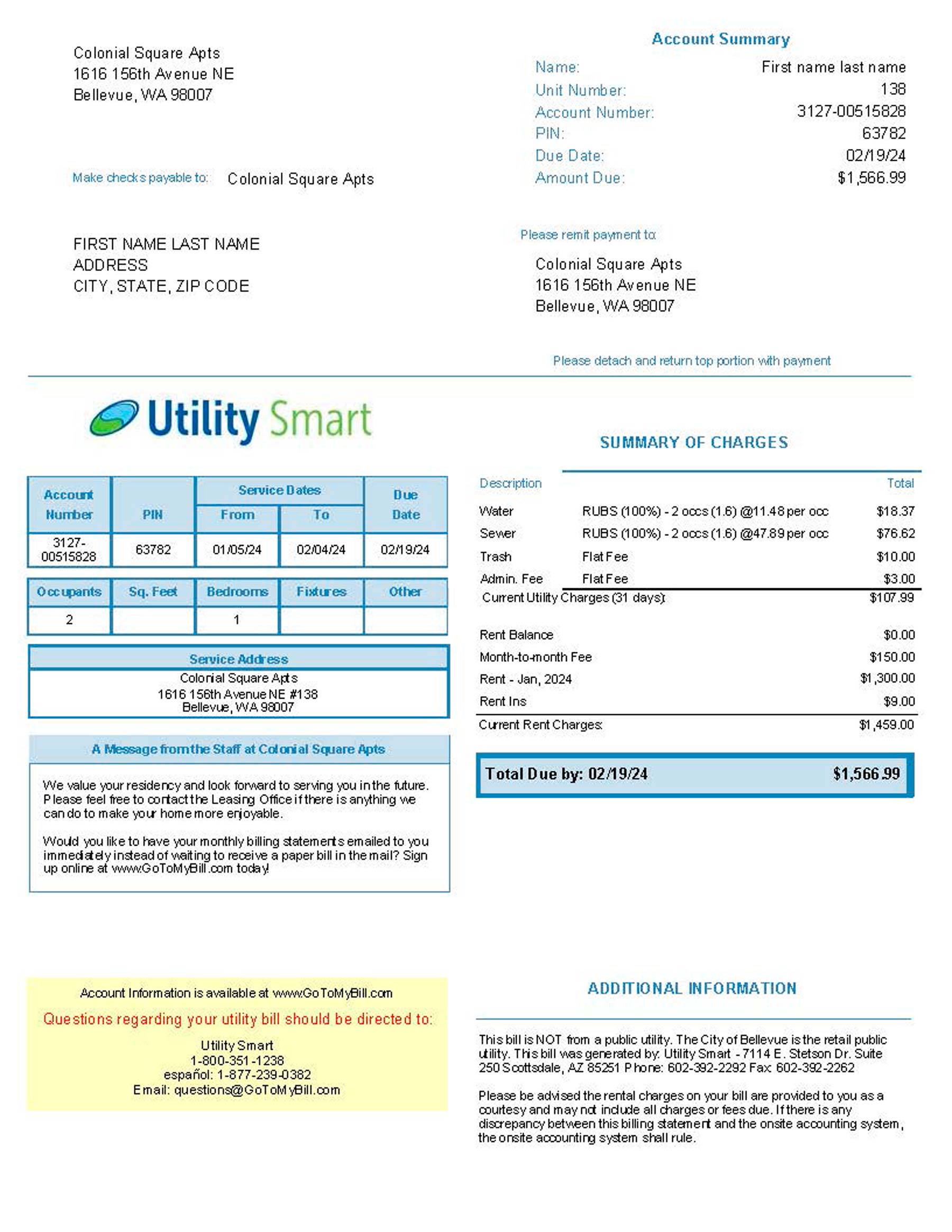 Arizona Utility Smart Clean layout of {Provider} {utility type} bill – editable {State} version