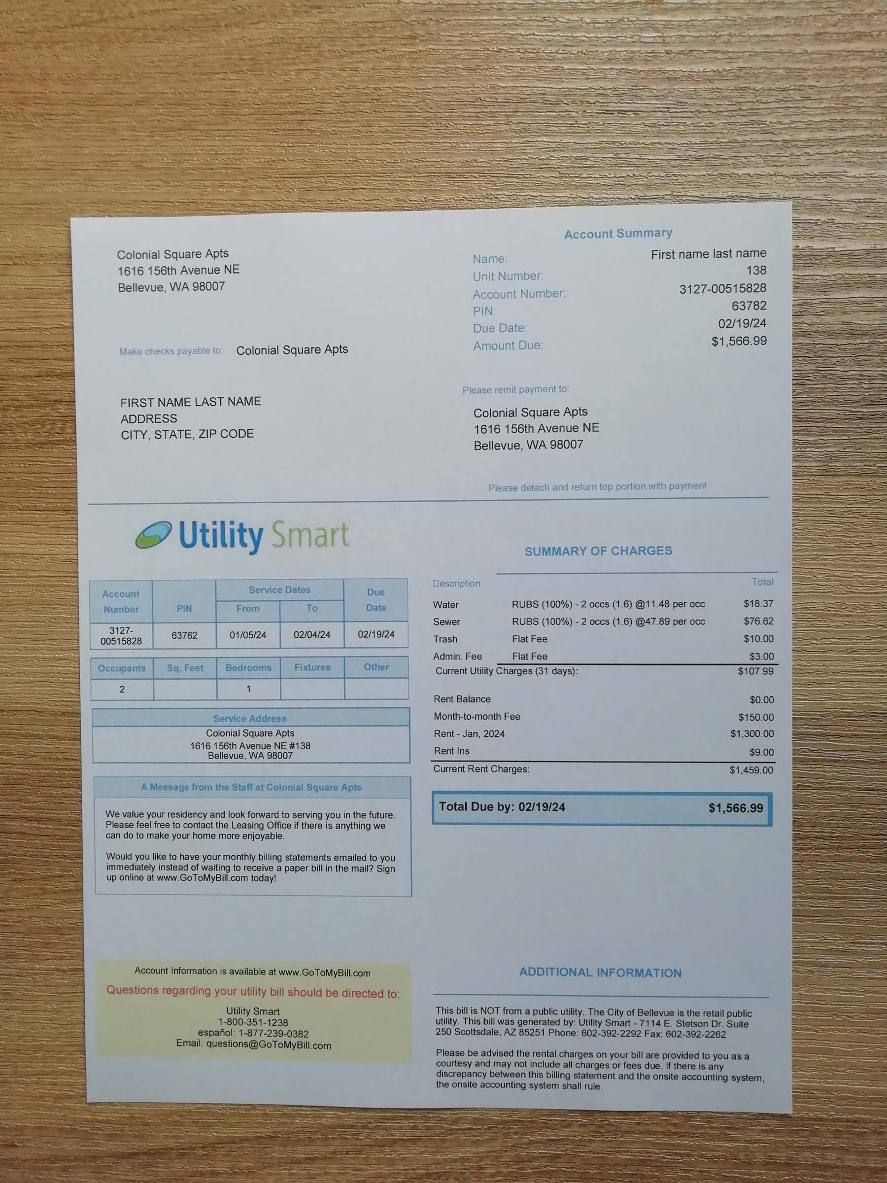 Utility Smart Visual example of printed {Provider} utility bill in {State}
