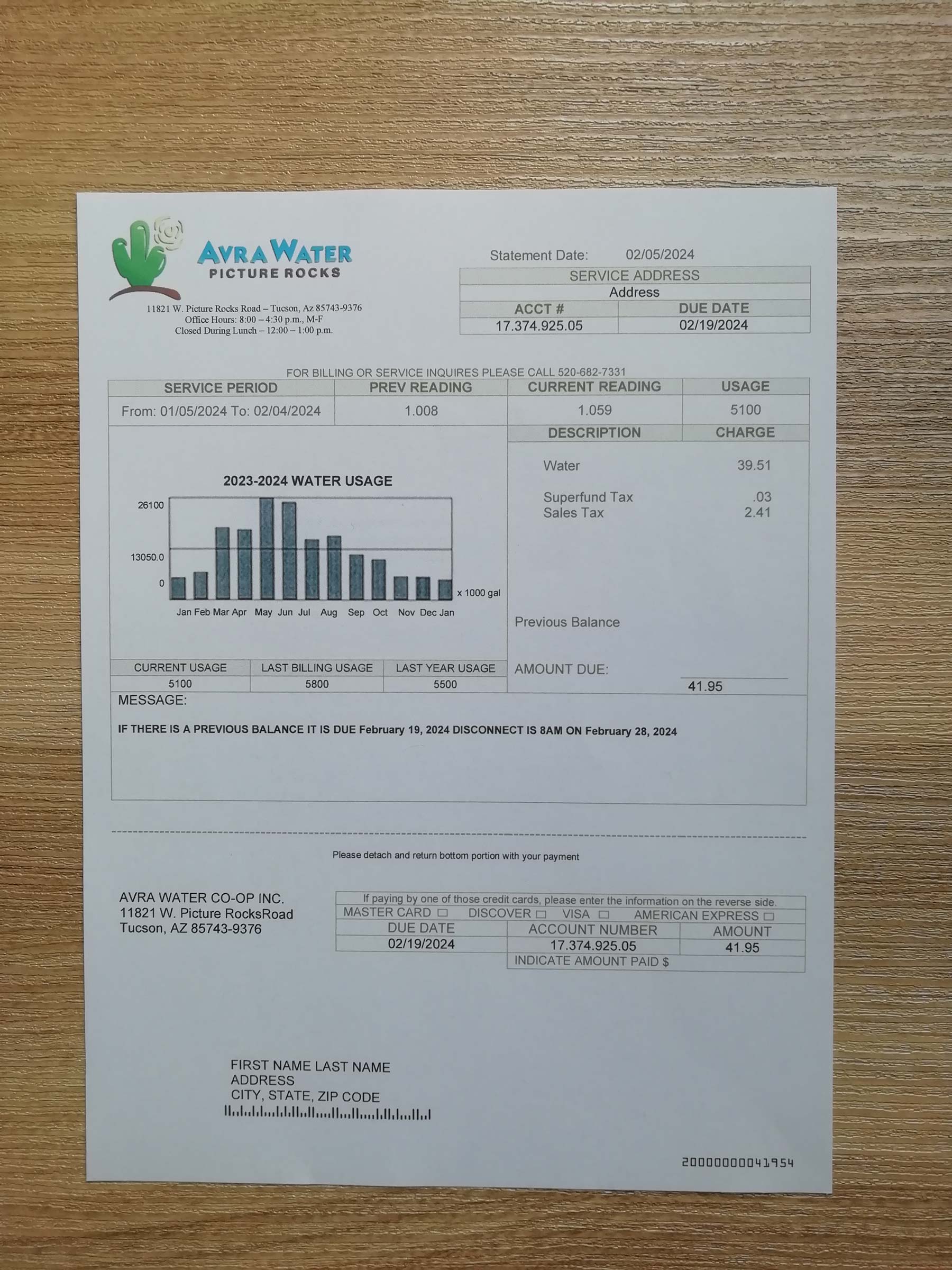 Arizona Avra Water Authentic printed {Provider} bill from {State} – proof of address example