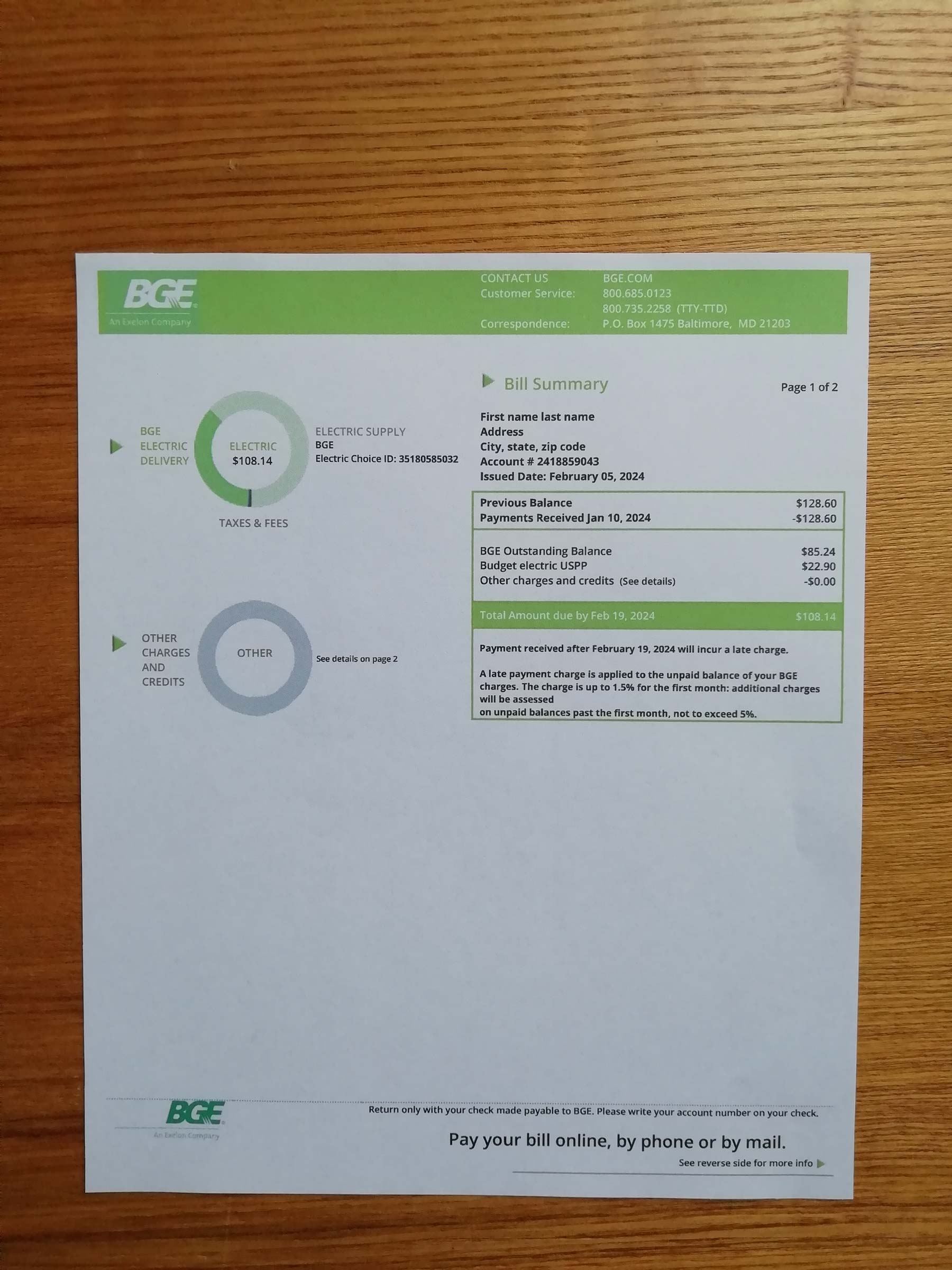Maryland Gas and Electric (BGE) Real photo of {State} {Provider} bill – physical evidence for residence