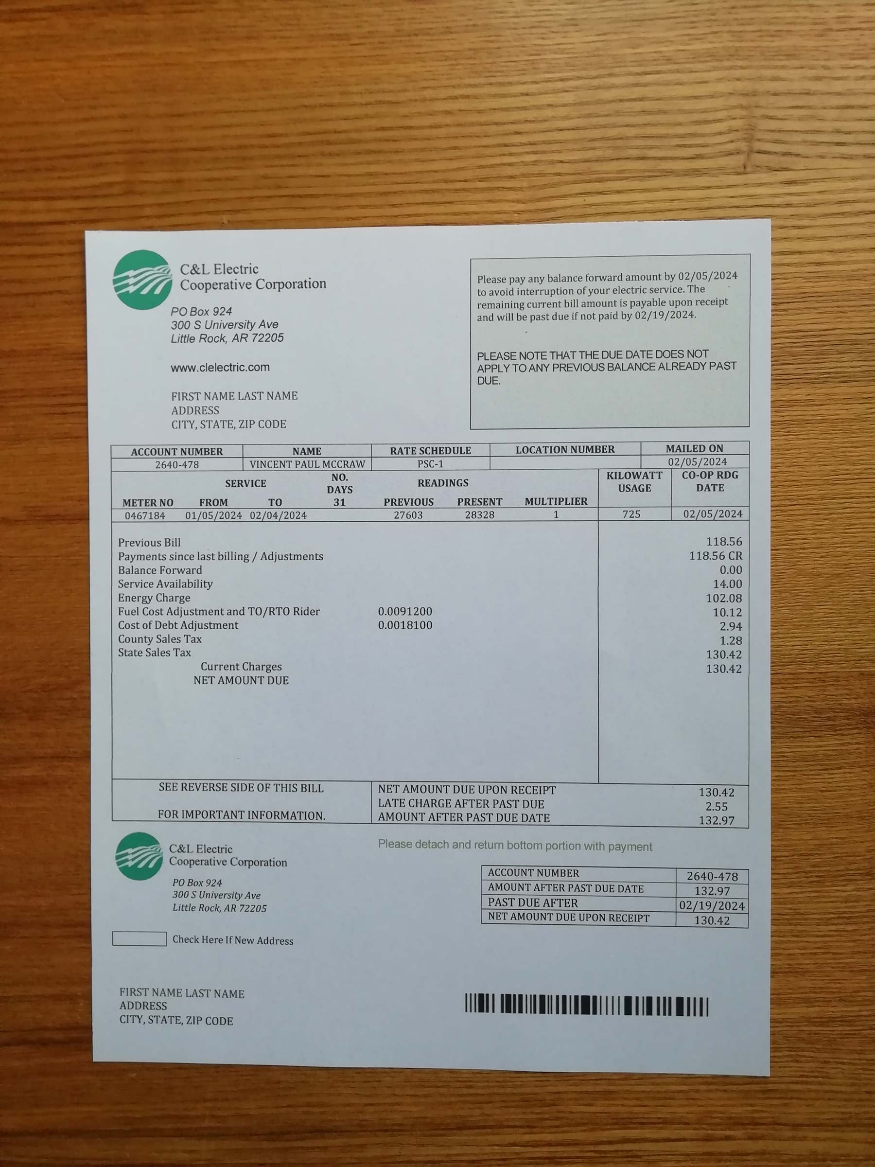 C & L Electric Real photo of {State} {Provider} bill – physical evidence for residence