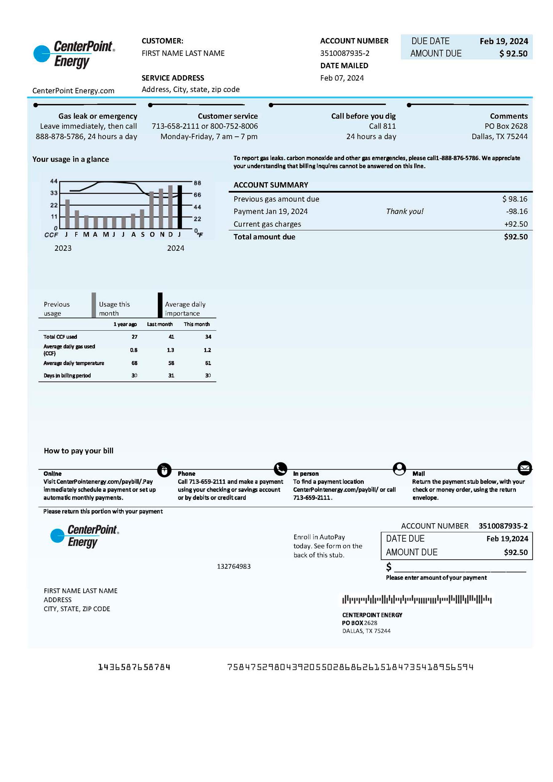 Center Point Clean layout of {Provider} {utility type} bill – editable {State} version