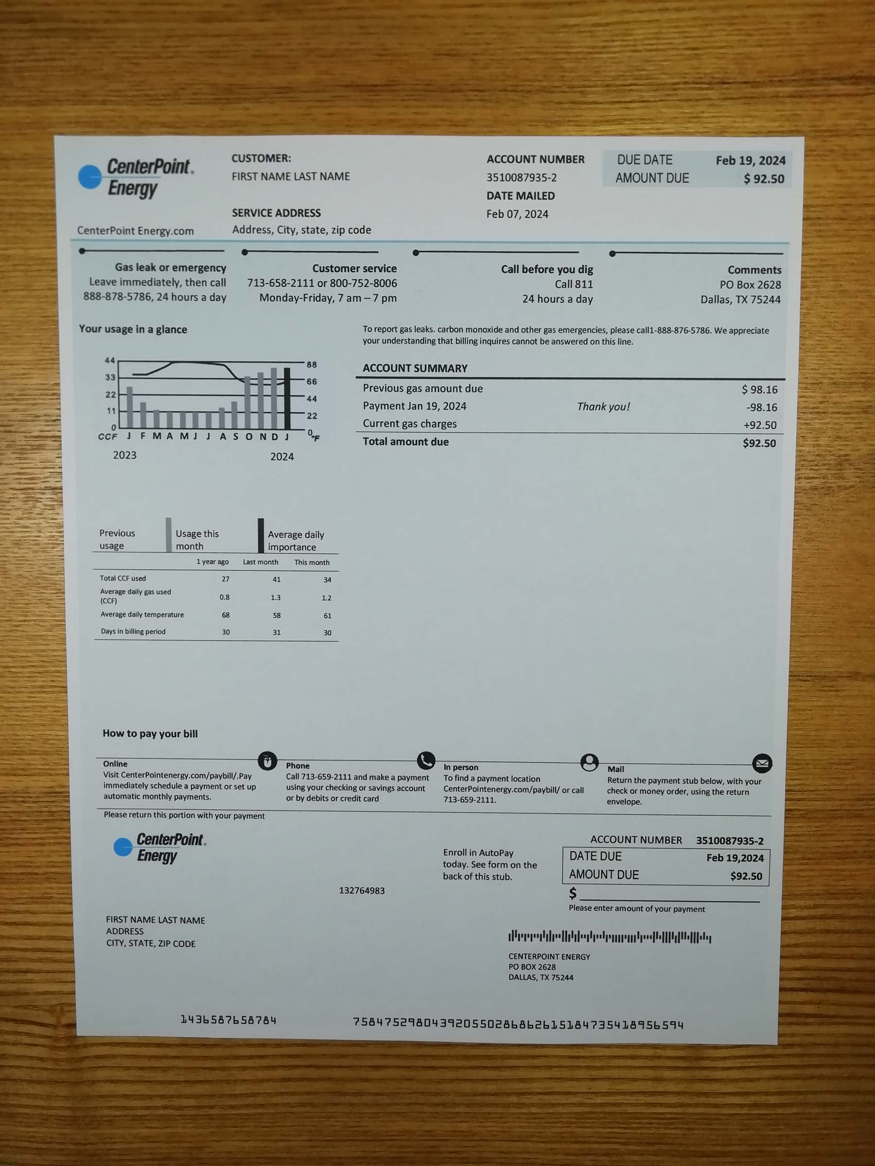 Visual example of printed Center Point Energy utility bill in {State}