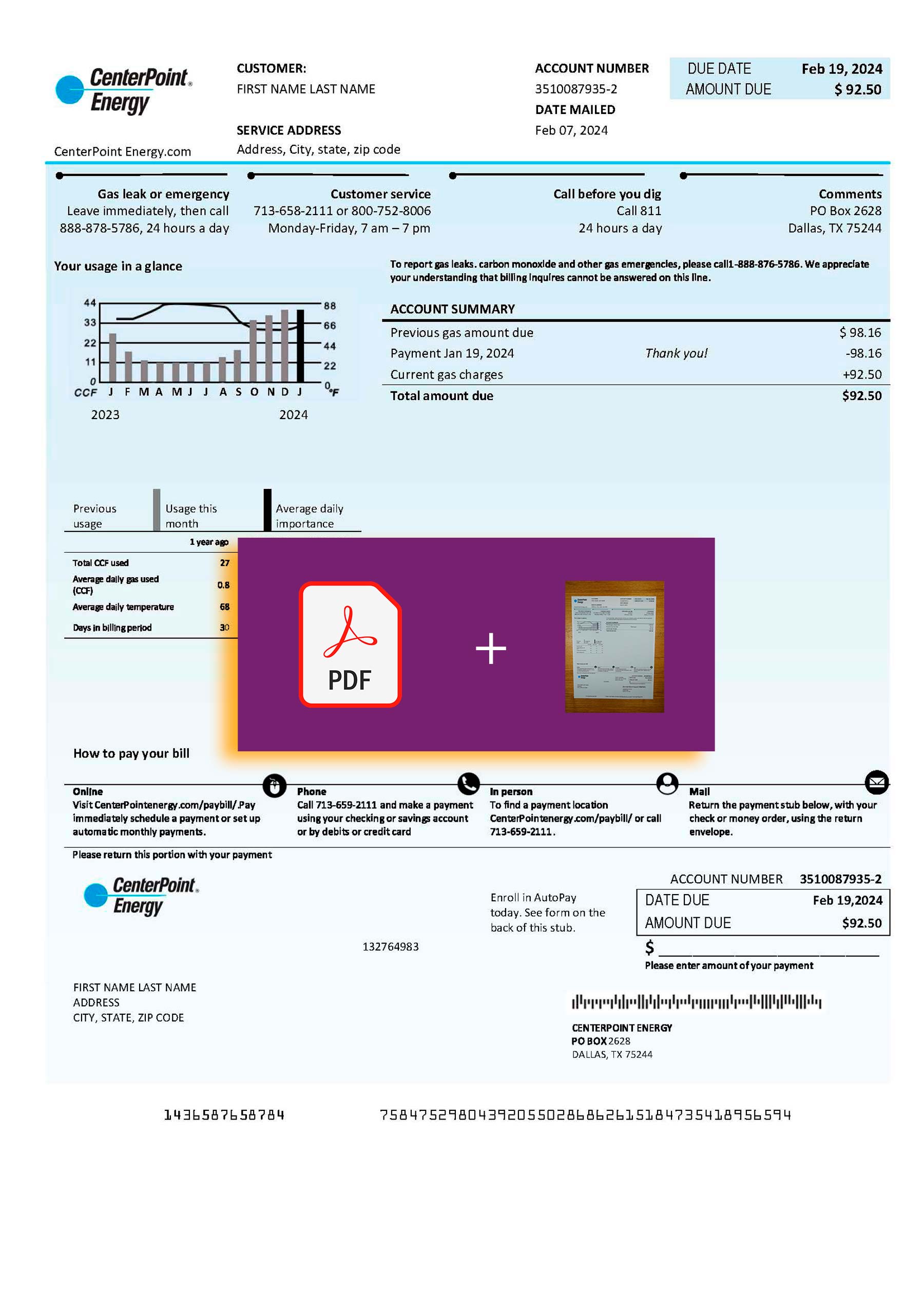 Center Point Energy document for {State} – proof-of-address label applied
