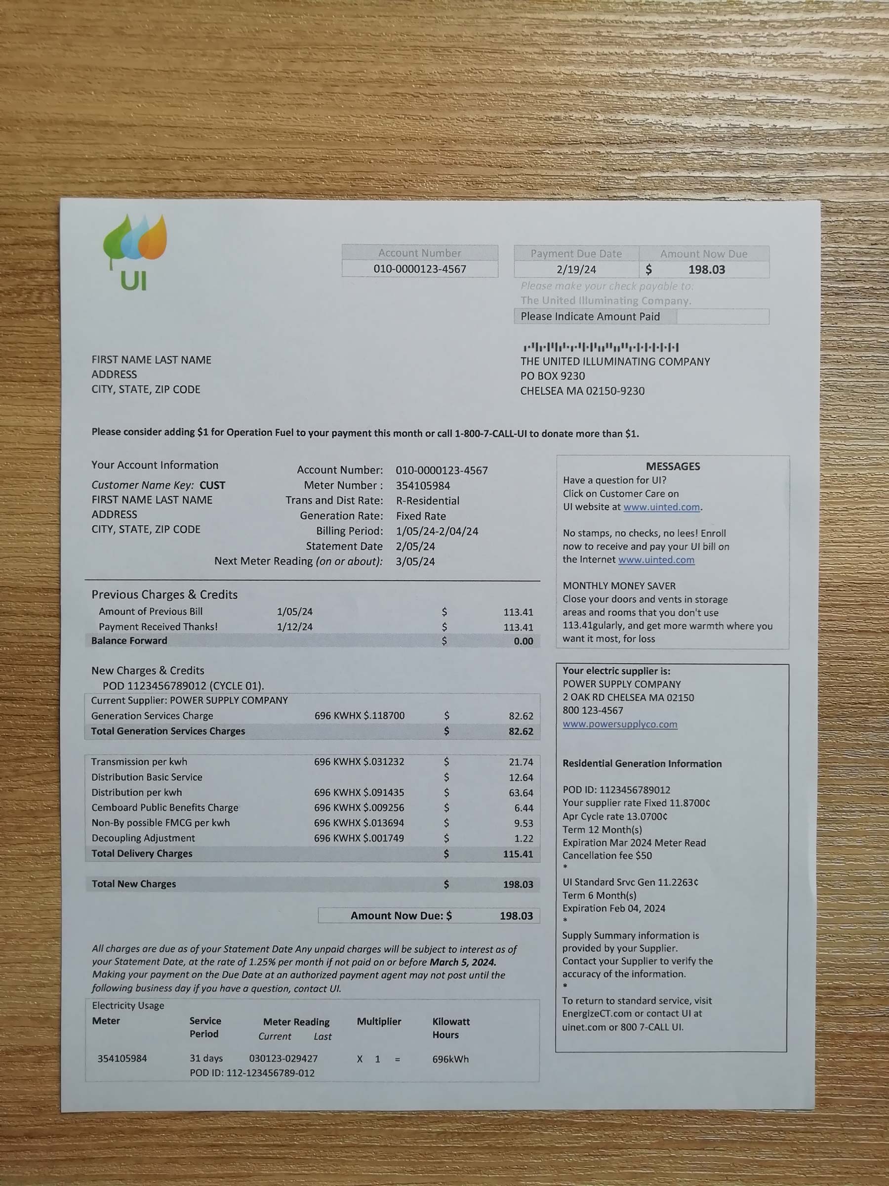 Massachusetts {Provider} bill printed and photographed – address proof from {State}