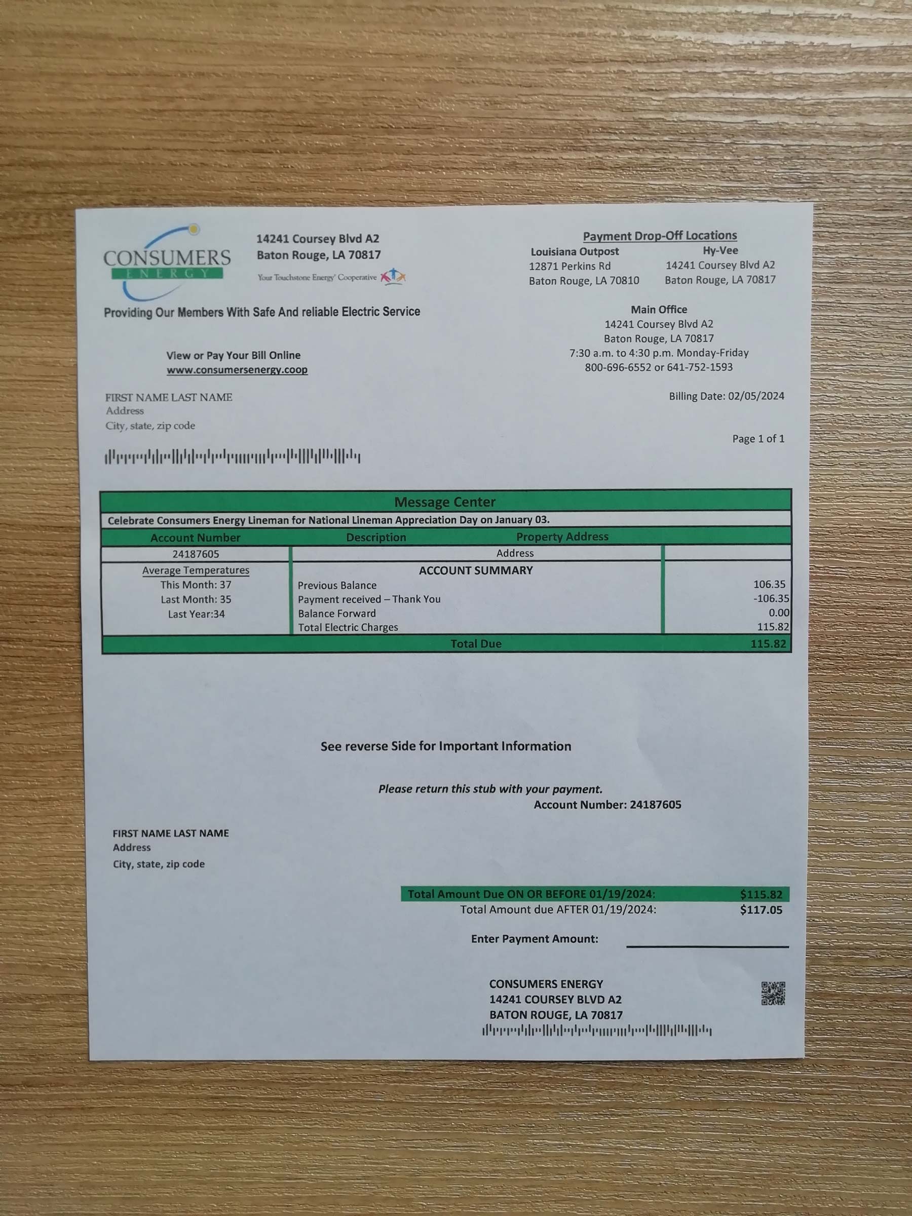 Visual example of printed {Provider} utility bill in {State}