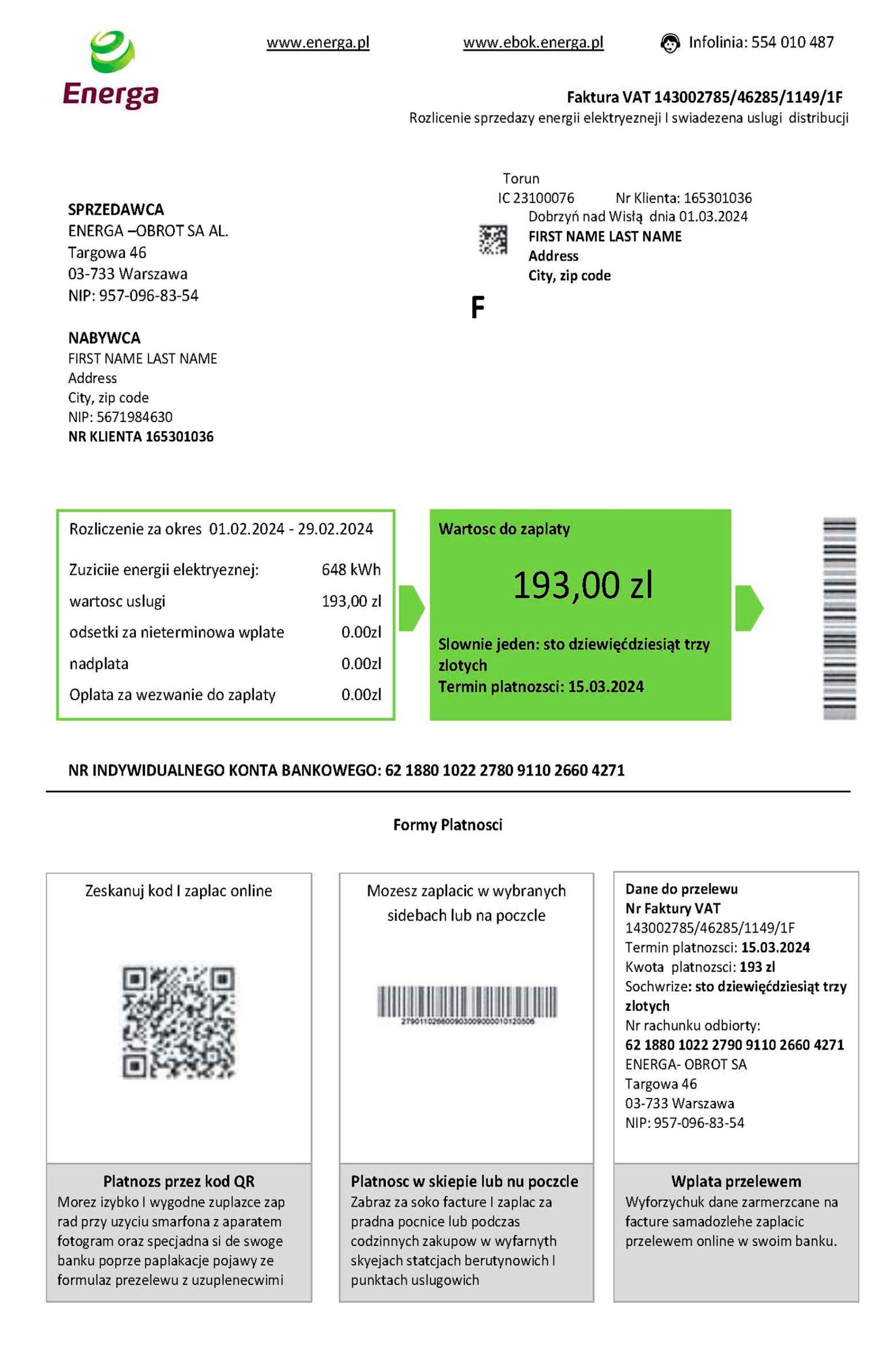 Editable {utility type} bill template – {State} Energa sample in PDF