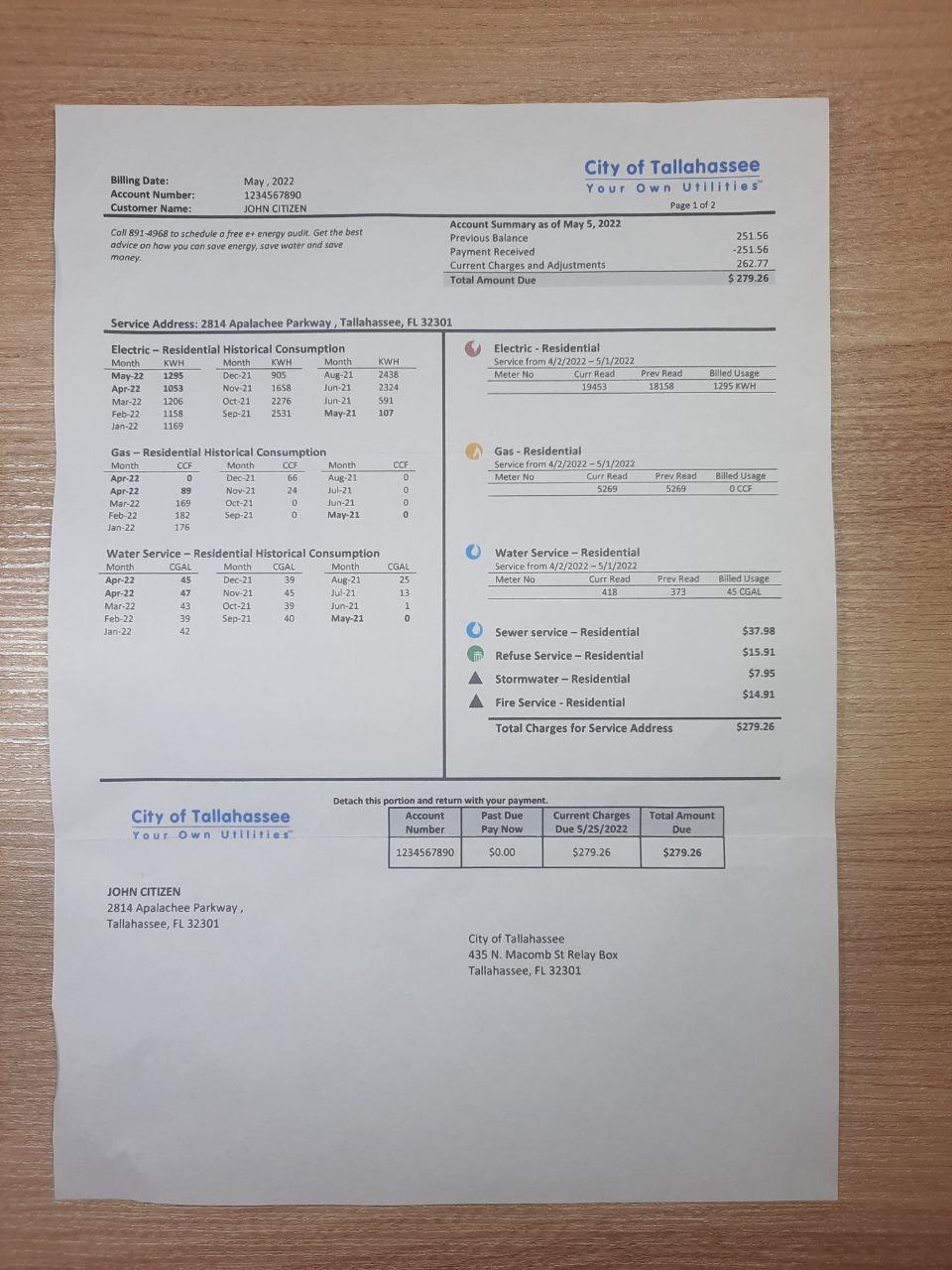 Florida City of Tallahassee utility bill